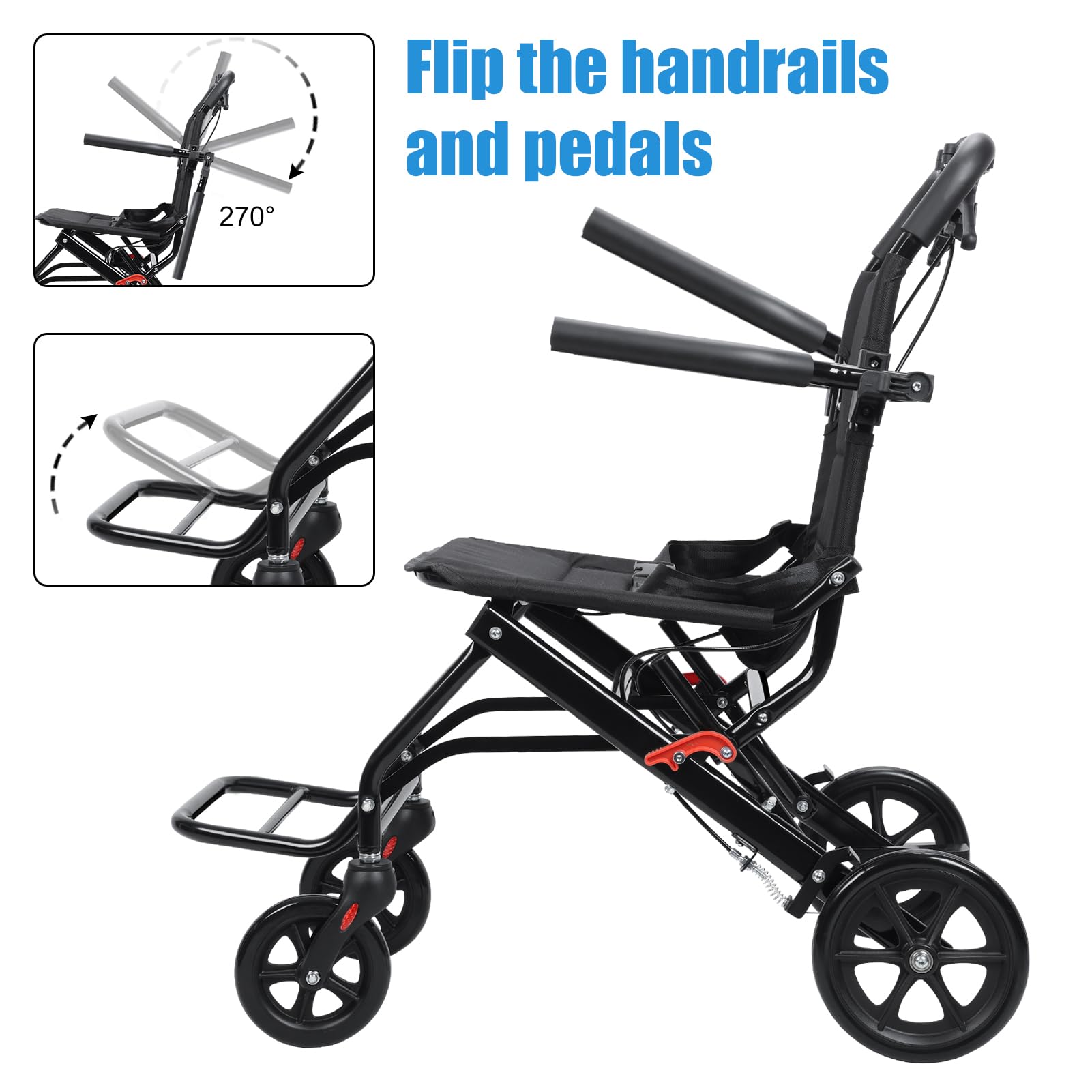 Lightweight Portable Folding Wheelchair for Adults & Elderly - Compact Travel Transport Chair with Easy Fold Design (Black) - Ideal for Air Travel, Shopping & Outdoor Activities