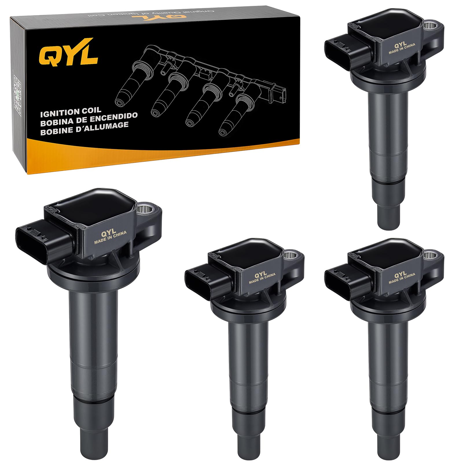 QYL Pack of 4 High Performance Ignition Coils - Compatible with Scion XA XB, Toyota Prius Echo Yaris Camry (2000-2010) - Replaces C1304 UF316 5C1293 - Perfect for Engine Tune-Ups & Smooth Acceleration