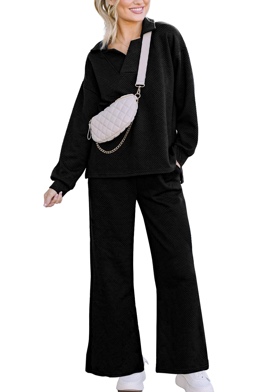 Women's Lounge Sets - 2 Piece Textured Sweatsuit with Polo Sweatshirt & Wide Leg Sweatpants with Pockets | Comfortable Outfit for Home, Yoga, Travel & Casual Wear