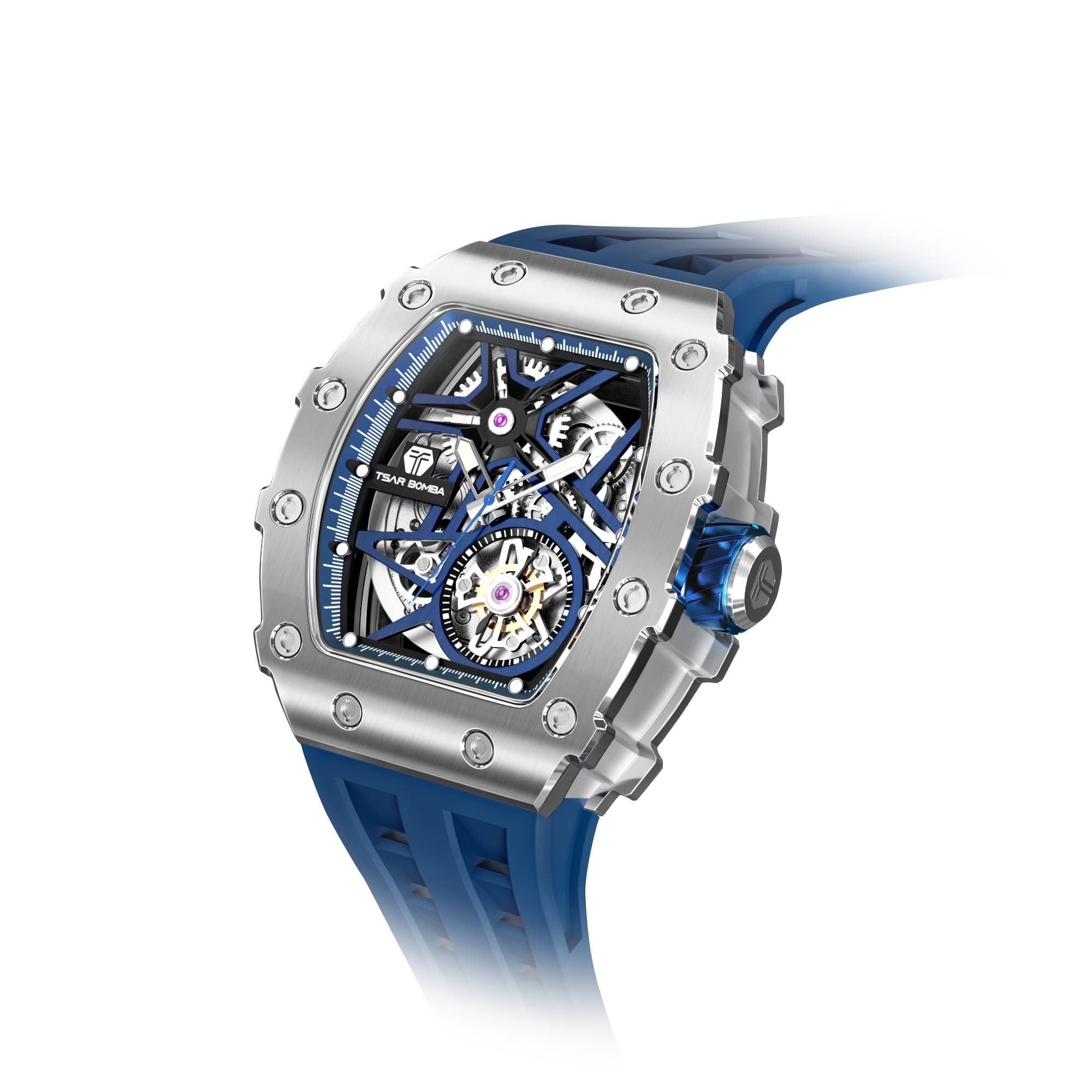 TSAR BOMBA Men's Automatic Skeleton Watch - Luxury Tonneau Design, 50M Waterproof, Silver Square Big Face with Silicone Strap - Perfect for Business, Formal Events & Everyday Wear