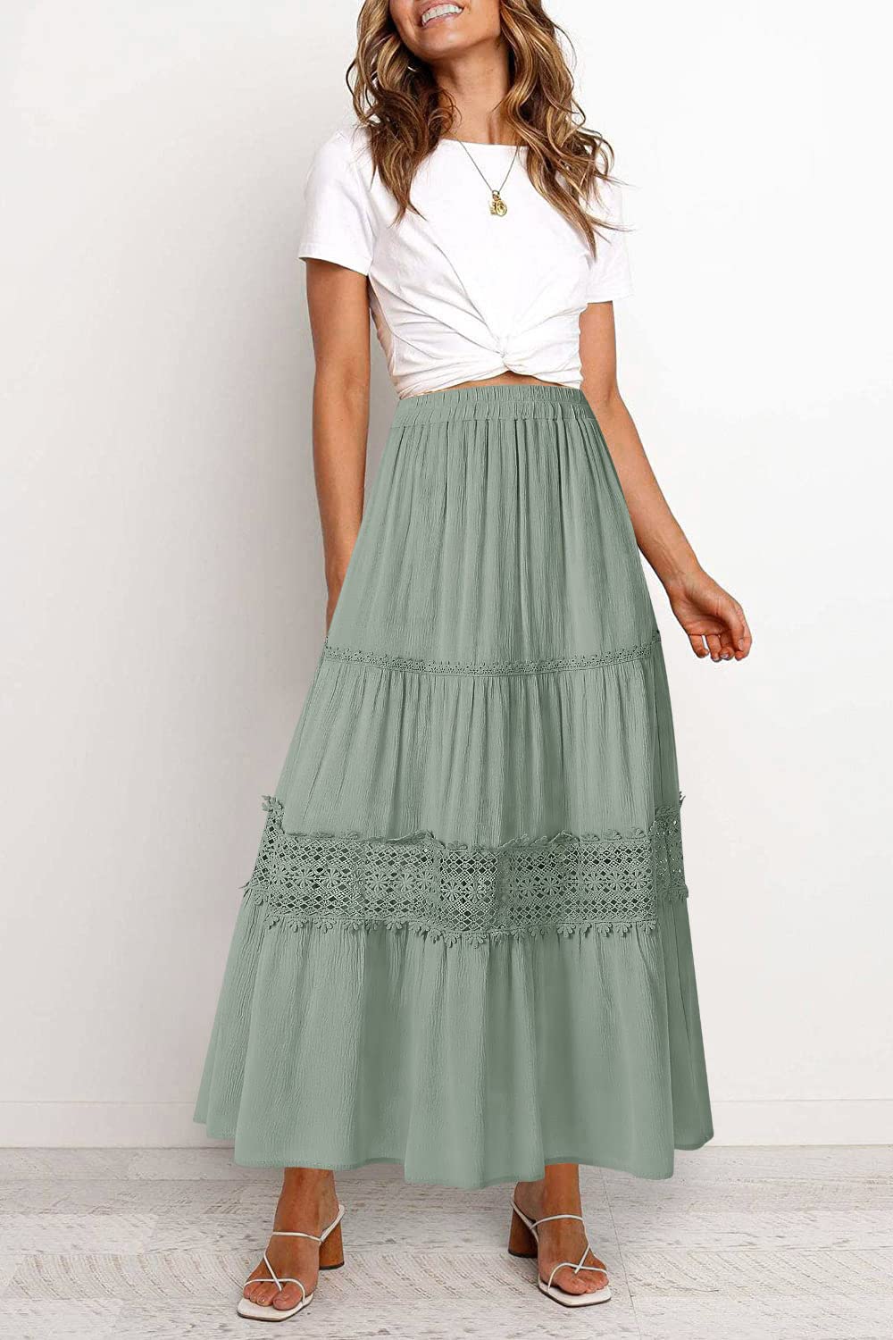 MEROKEETY Women's Boho Elastic High Waist Pleated A-line Ruffle Lace Trim Tiered Midi Maxi Skirt with Pockets - Perfect for Summer, Beach, Vacation & Casual Outfits
