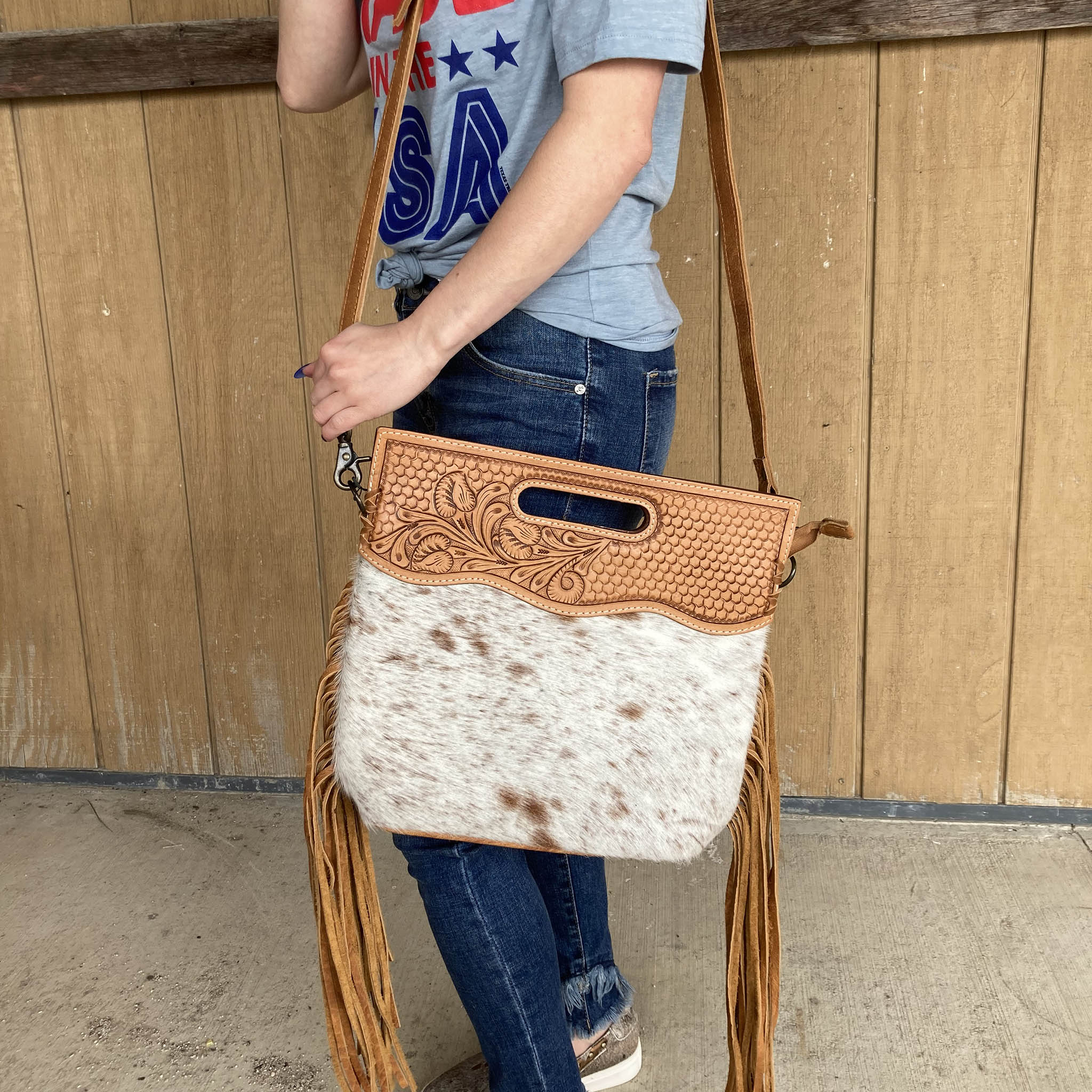 American Darling Brown & White Fringe Leather Purse - Handcrafted Hide Tooled Crossbody Bag for Women | Perfect for Casual Outings, Parties & Western Fashion