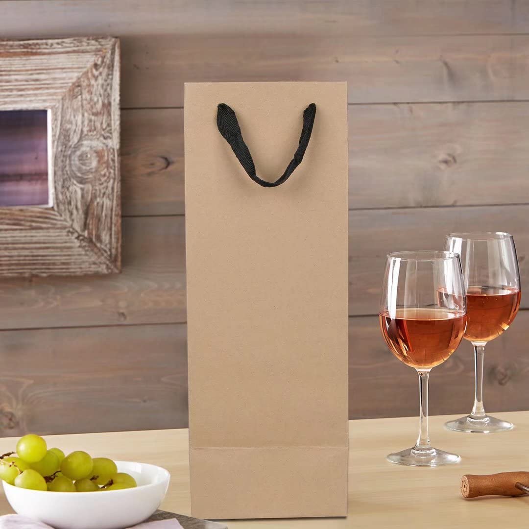 20 Pack 4x4x14 Inch Brown Kraft Paper Wine Bottle Bags with Handles - Bulk Champagne & Alcohol Gift Bags for Retail, Parties, Weddings & Holiday Gifting