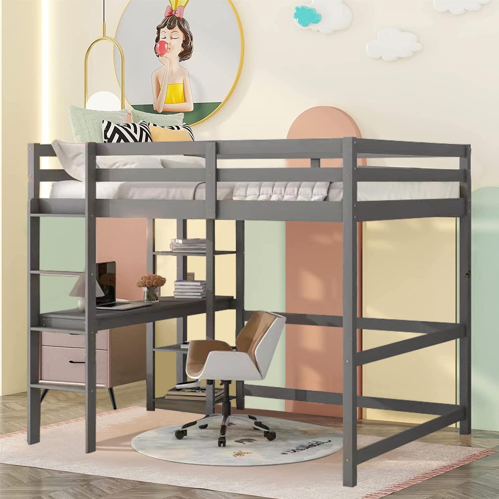 Aoowow Full Size Wood Loft Bed with Study Desk & Storage Shelves - Sturdy High Loft Bed Frame with Guardrail & Ladder for Kids & Teens - No Box Spring Needed (Gray) - Perfect for Small Bedrooms, Dorm Rooms & Space-Saving Kids' Rooms