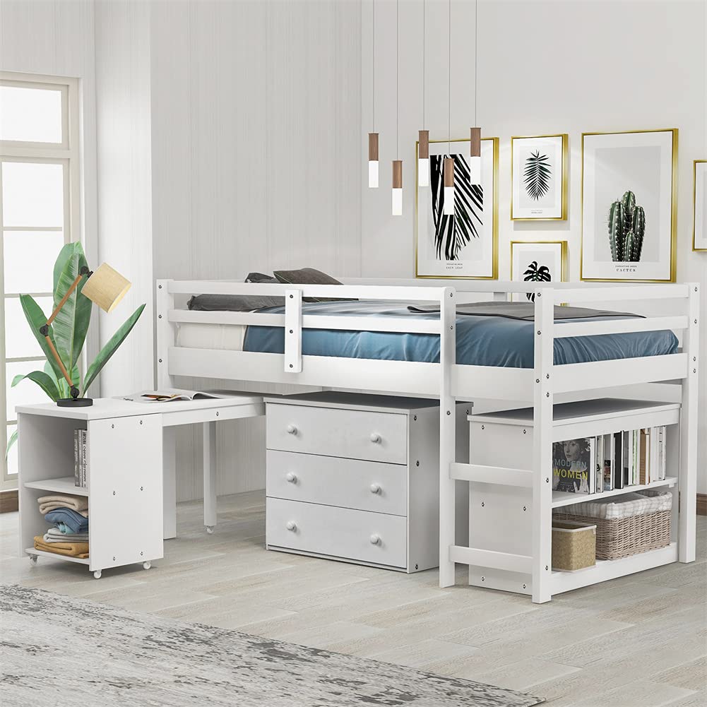 **Twin Size Wood Loft Bed Frame with Cabinet & Rolling Desk - Low Study Loft Bed, Easy Assembly (White) - Perfect for Small Spaces, Dorm Rooms & Kids' Bedrooms**