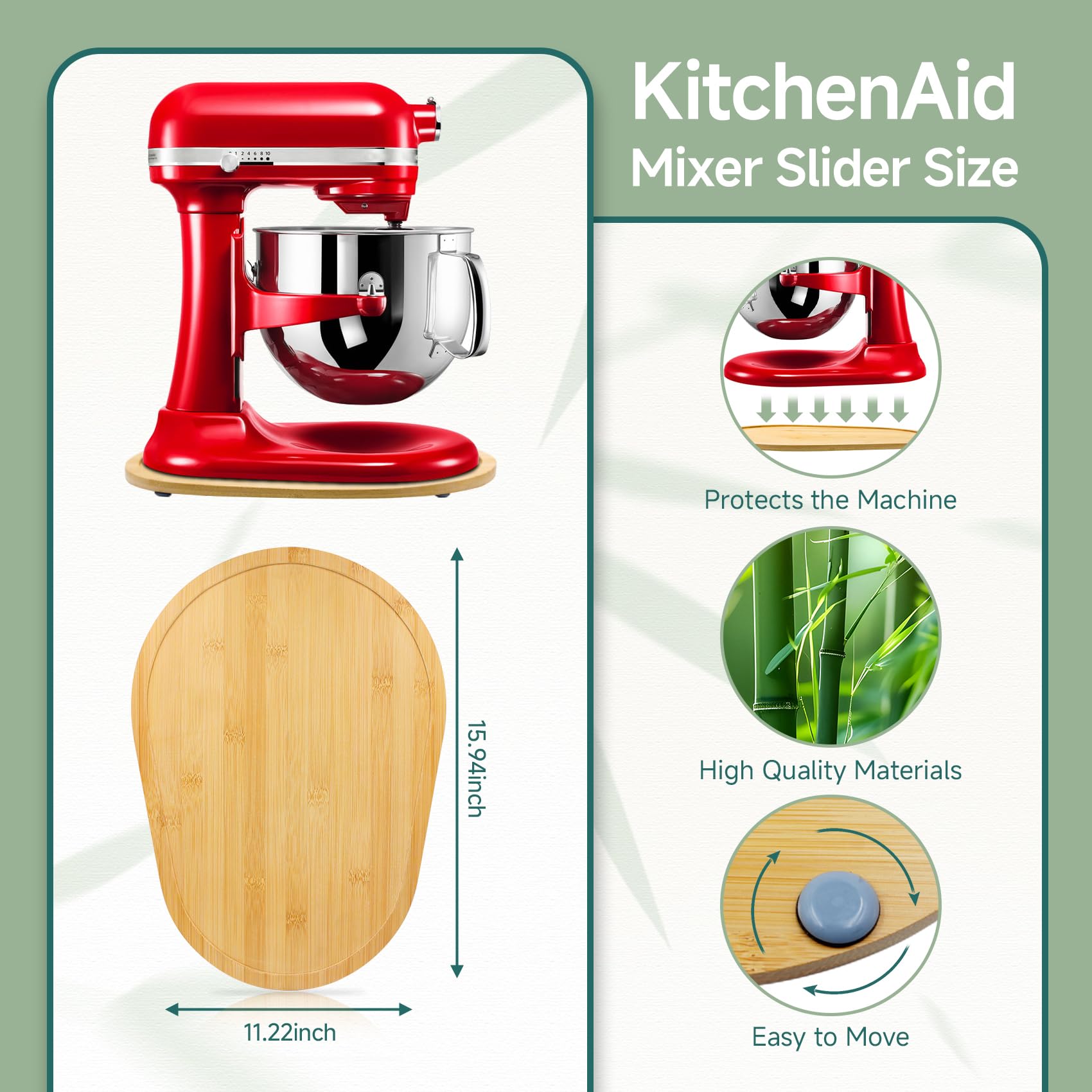 Bamboo KitchenAid Mixer Slider Mat for 5.5-8 QT Stand Mixers - Non-Slip Countertop Protector & Mixer Accessory - Perfect for Baking, Cooking, and Kitchen Organization (Natural Wood)