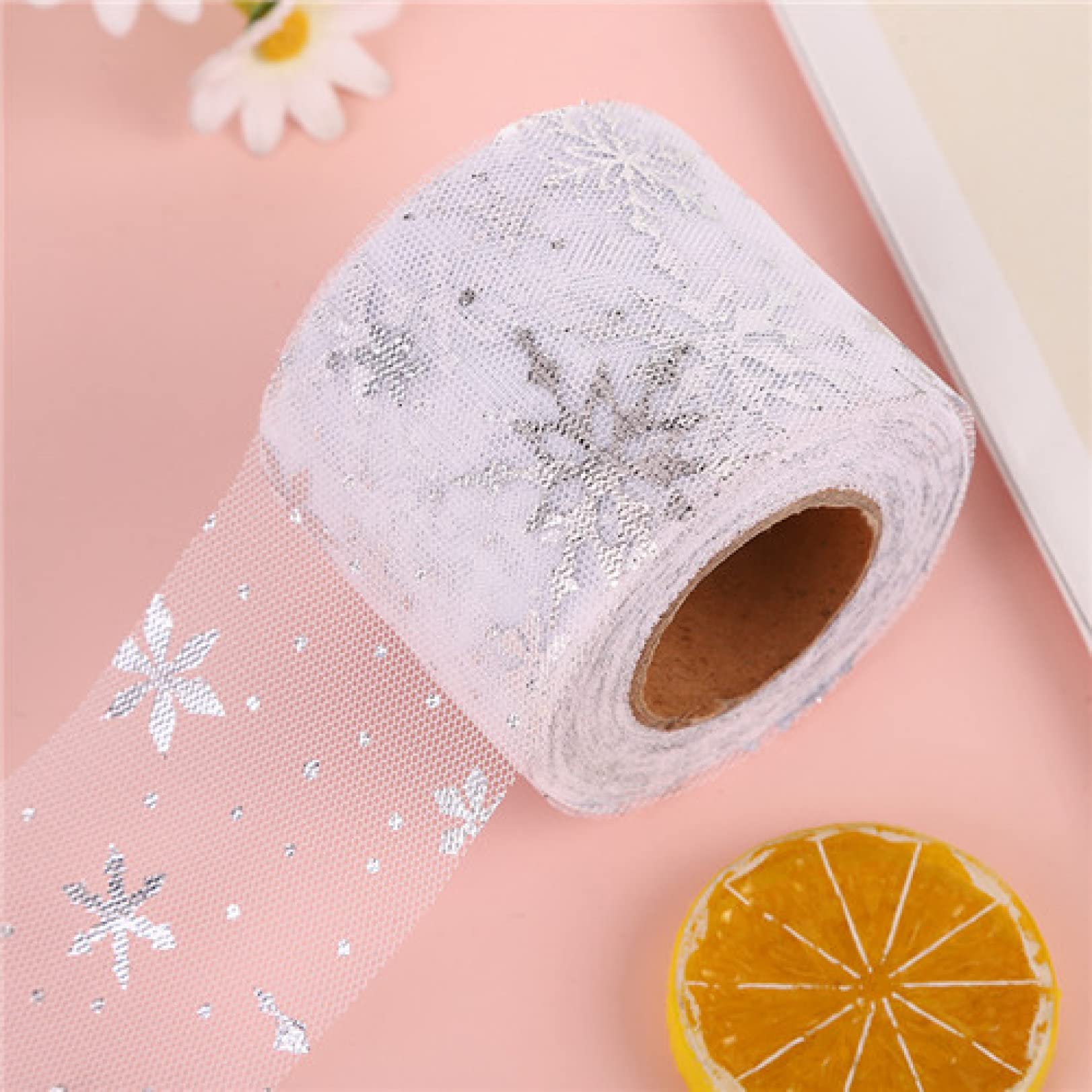 25 Yards Snowflake Printed Tulle Mesh Ribbon - DIY Sewing Fabric for Garments, Hair Clips, Tutu Skirts & Handmade Crafts | Perfect for Christmas Decorations, Wedding Favors, and Gift Wrapping