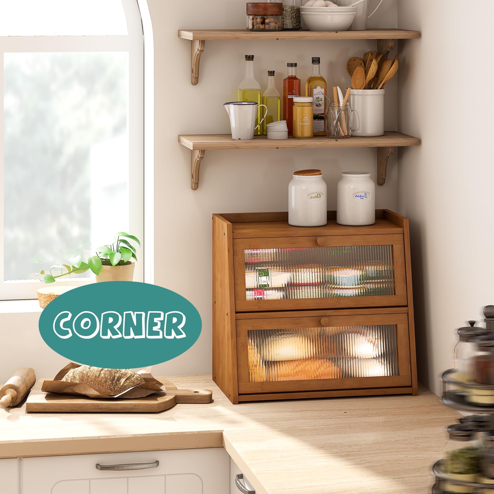 Extra Large Bamboo Bread Box with Acrylic Wavy Door - Double Layer Kitchen Counter Bread Storage Bin - Perfect for Storing Bread, Pastries & Baked Goods - Ideal for Bakeries, Restaurants & Home Kitchens
