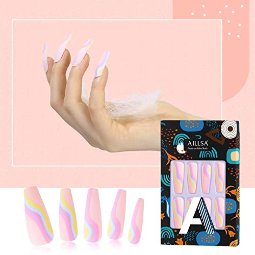 AILLSA Long Coffin Press on Nails - Full Cover Fake Nails with Rainbow Design (24pcs) - 12 Sizes Stick on Nails for Women & Girls - Includes Nail Glue & Adhesive Tabs - Perfect for Parties, Weddings, and Special Occasions