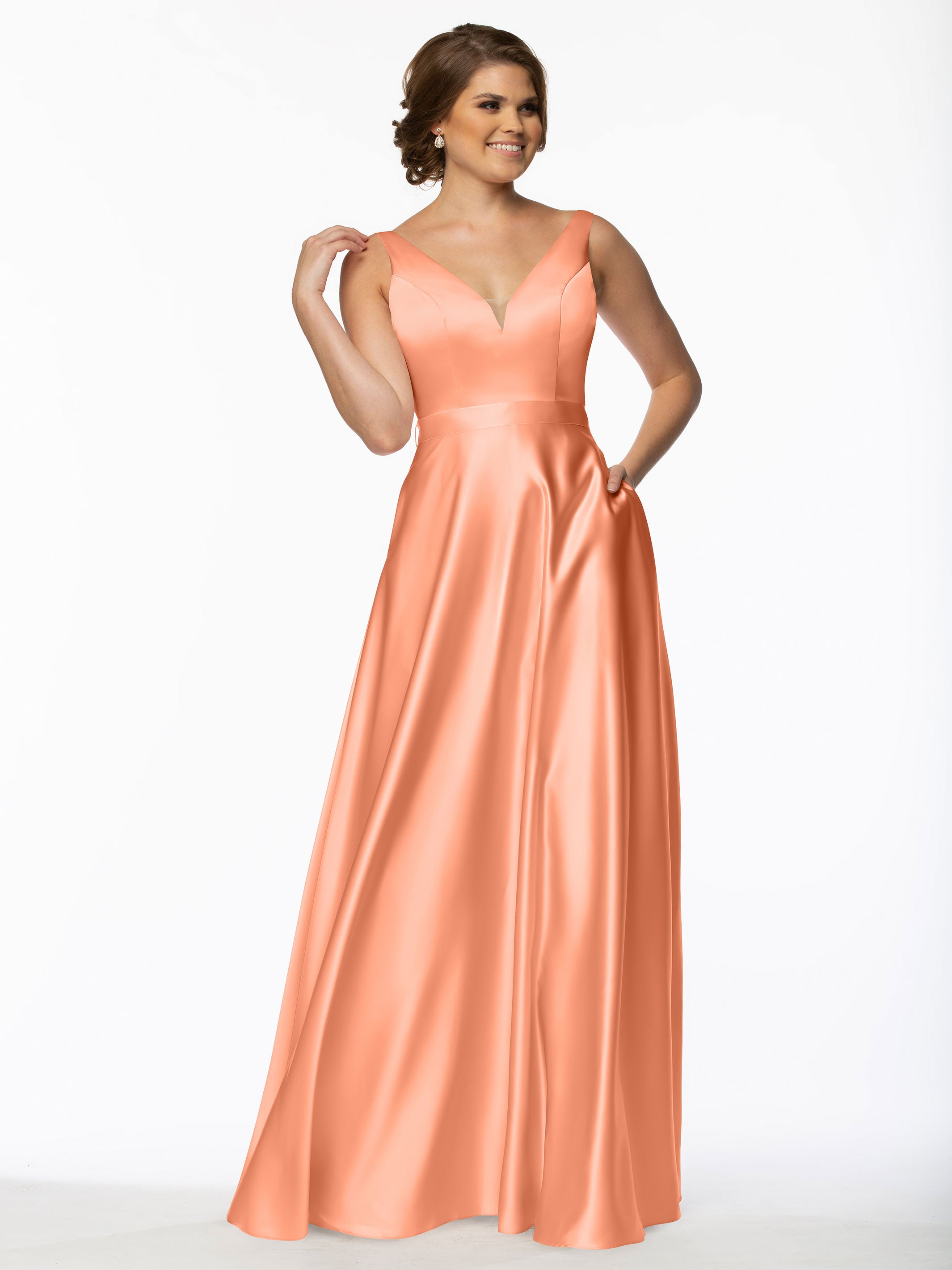 Elegant 80118 Satin A-Line Bridesmaid Dress with V-Neckline & Waist Sash - Perfect for Weddings, Formal Events & Special Occasions