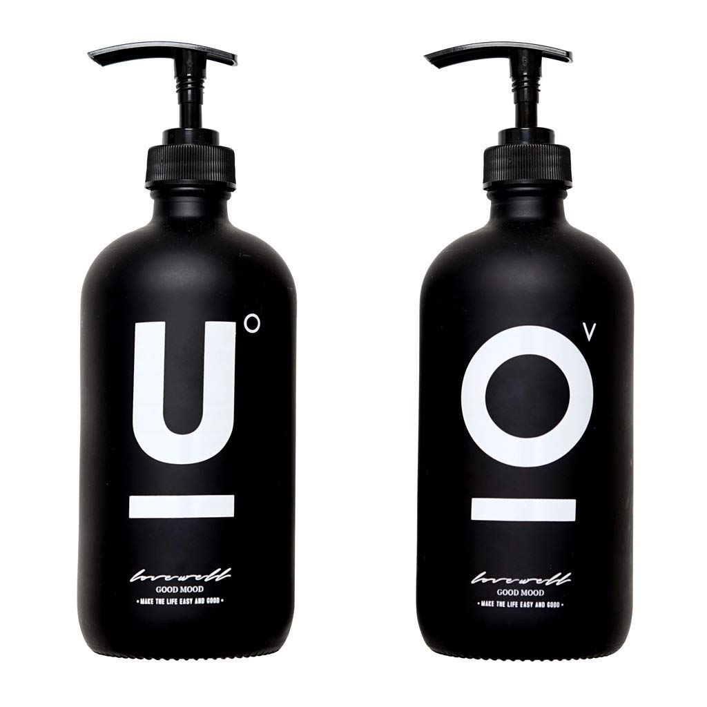 Black Glass Soap Dispenser & Lotion Dispenser Set - 2-Piece Manual Hand Sanitizer Bottle for Bathroom, Kitchen, and Office | Simple & Elegant Design