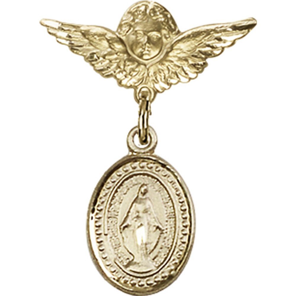 Gold Filled Baby Badge with Miraculous Charm & Angel Wing Pin - 1 x 3/4 Inch - Perfect for Christening Gifts, Baby Showers & Keepsake Jewelry