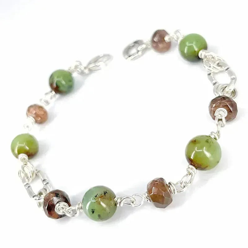 Sterling Silver Bracelet with Natural Jade and Brown Sunstone Gemstones - Elegant Handmade Jewelry for Women, Perfect for Gifts, Parties, and Everyday Wear