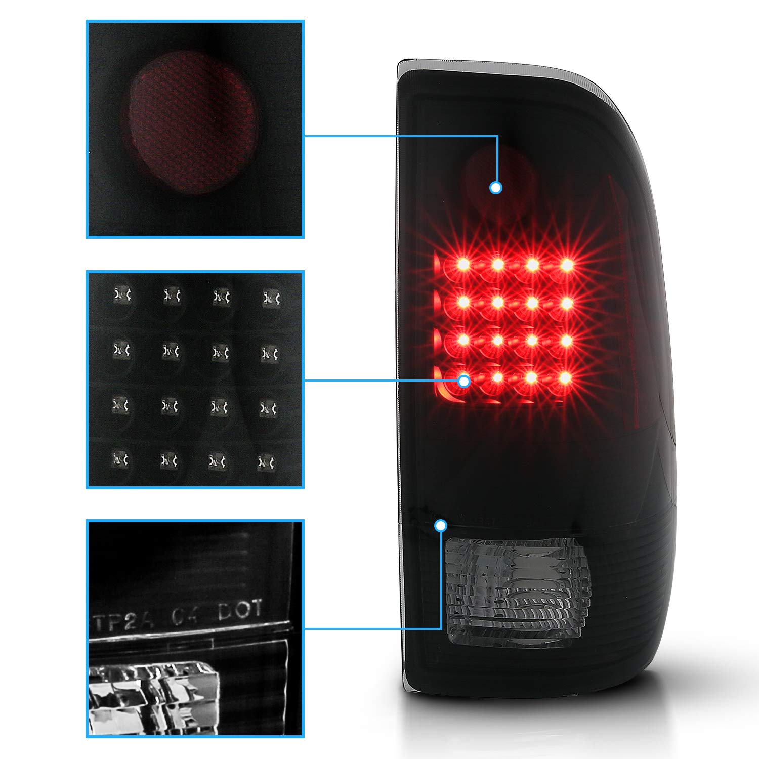 AmeriLite Dark Smoke LED Brake Turn Signal Tail Lights Pair for 1997-2003 Ford F150 & 1999-2007 F250 F350 - Driver & Passenger Side Set - Upgrade Truck Lighting for Night Driving & Enhanced Safety