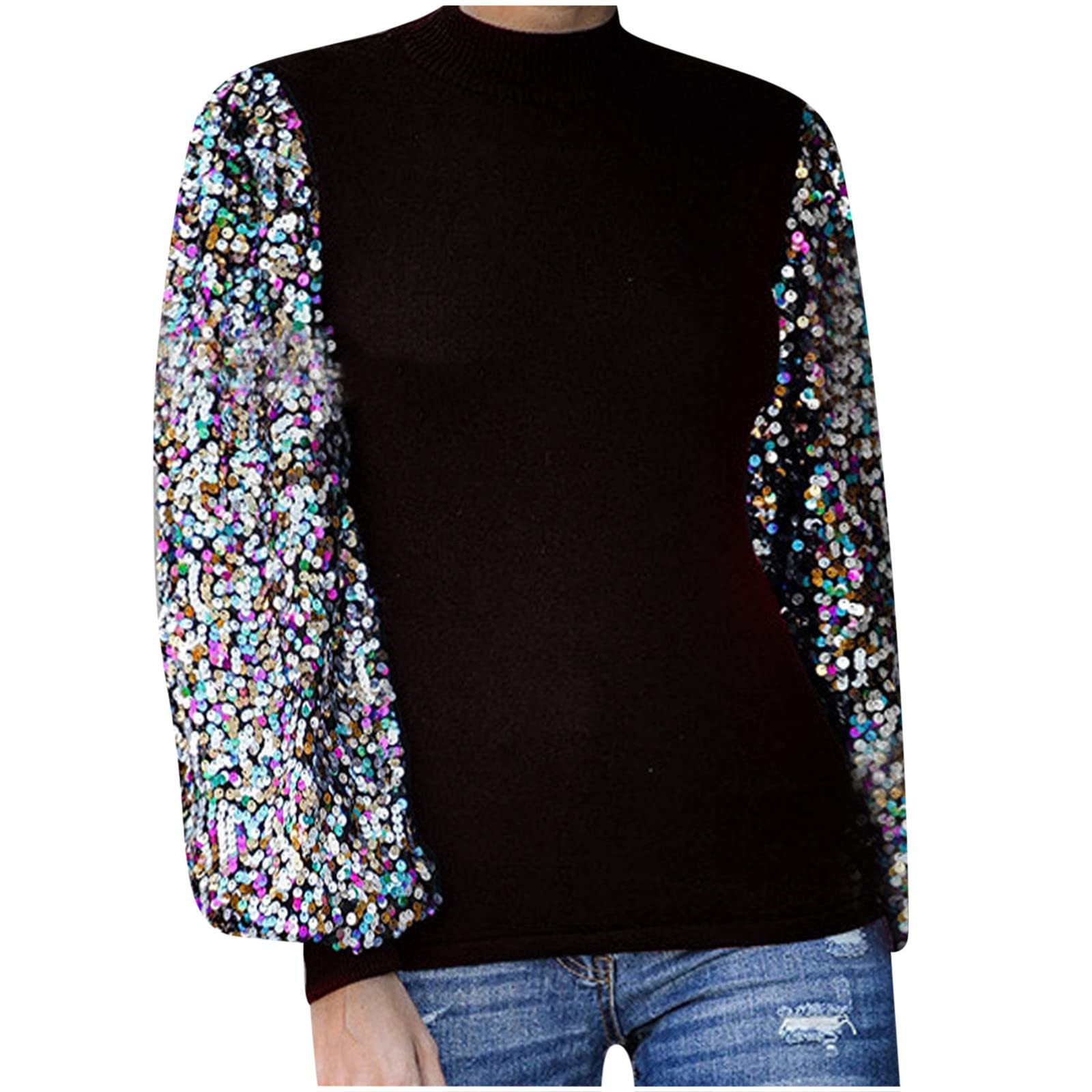Women's Long Lantern Sleeve Sequin Blouse - Loose Turtleneck Pullover Top for Casual Wear & Party Outfits | Comfortable Fashion Tops for Work, Date Night & Holiday Events