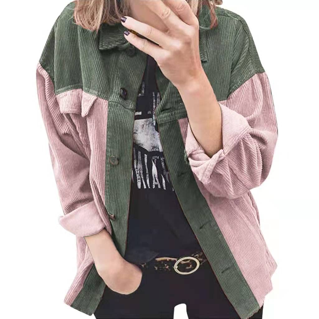Women's Oversized Corduroy Jacket - Button Down Color Block Patchwork Coat with Lapel Neck & Long Sleeves | Casual Fall Outerwear for Street Style & Daily Wear