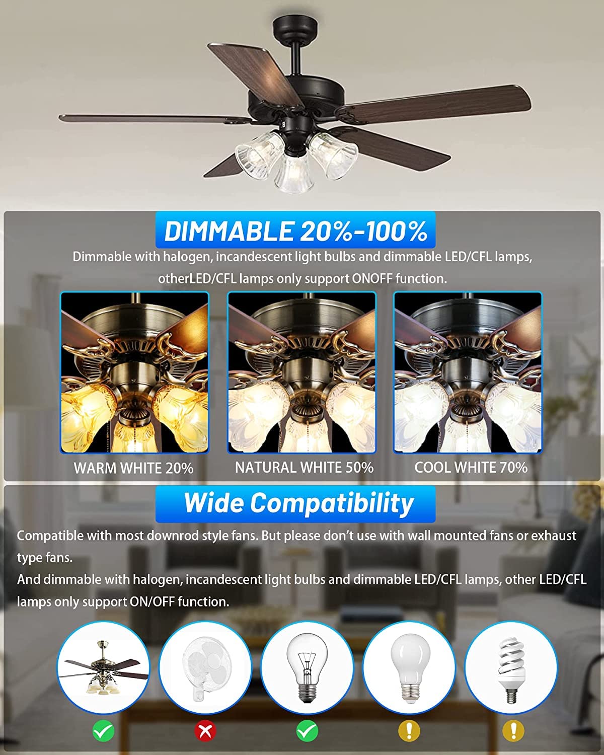 2 Pack Universal Ceiling Fan Remote Control Kit with Light Dimmer & 3 Speed Fan Controller - Mini Receiver Replacement for Hampton Bay, Hunter, Harbor Breeze, Westinghouse, Honeywell & More - Perfect for Bedroom, Living Room & Office Use