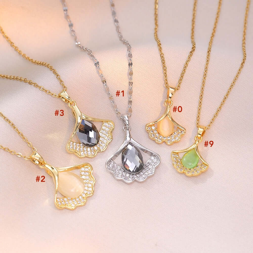 Elegant Titanium Minimalist Cat's Eye Stone Ginkgo Leaf Pendant Necklace for Women | A8241 | Perfect for Daily Wear, Office, Parties & Special Occasions