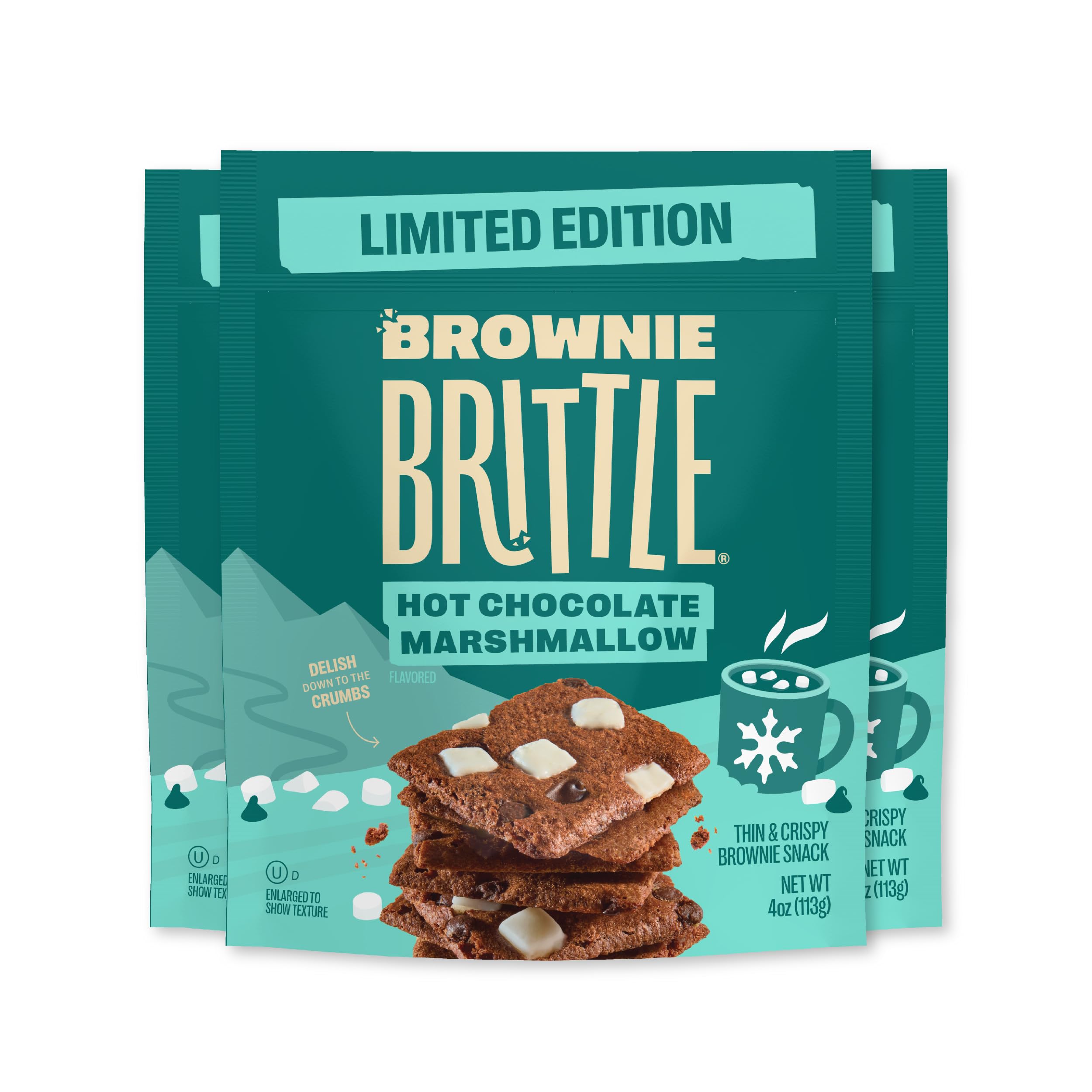 Hot Chocolate Marshmallow Brownie Brittle - Thin & Crispy Gourmet Dessert Snacks (3-Pack, 4oz) | Perfect for Holiday Gifts, Party Treats & Coffee Break Indulgence