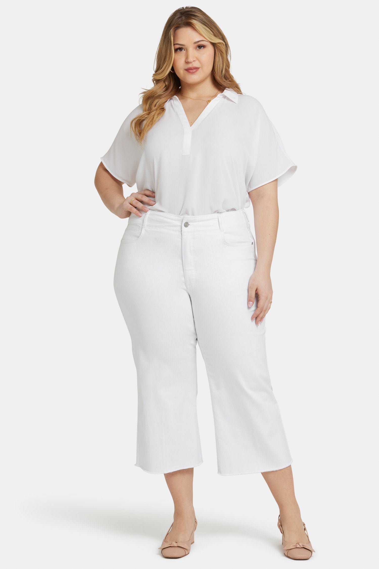 Brigitte Wide Leg Capri Jeans for Women - Plus Size Stretch Denim Pants in Optic White | Casual Comfort for Everyday Wear & Summer Outfits