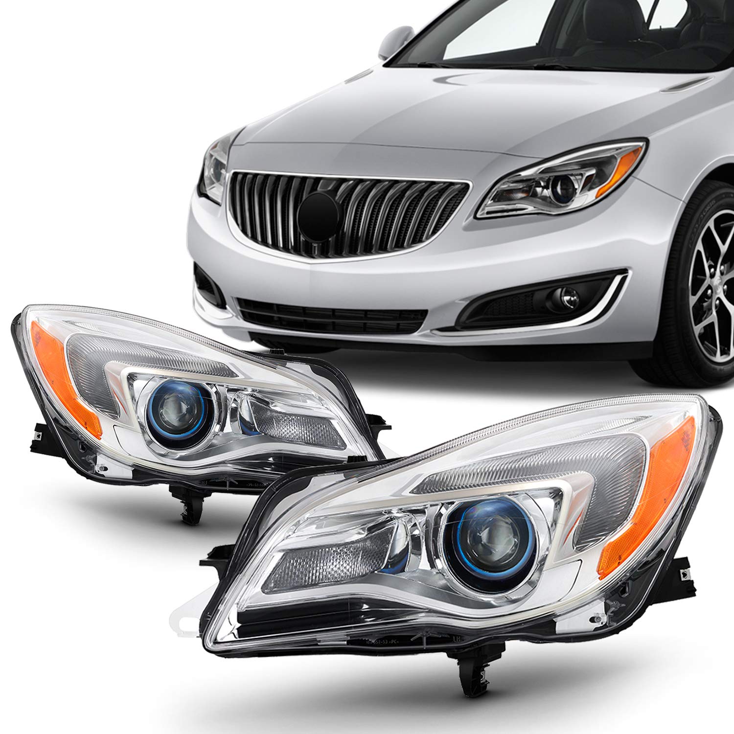 AKKON Replacement Halogen Projector Headlights for 2014-2017 Buick Regal - Chrome Left Driver & Right Passenger Side - Upgrade for Night Driving & Enhanced Visibility