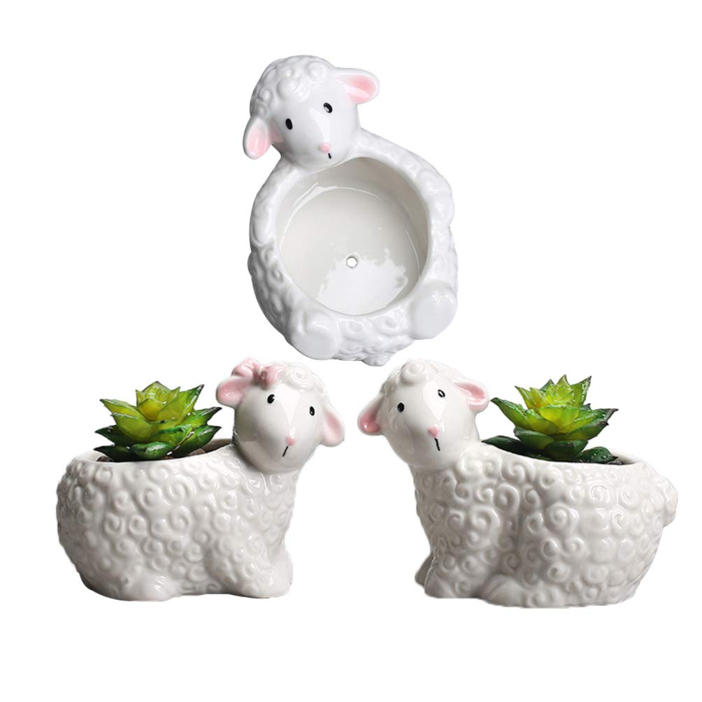Cabilock 3-Piece Ceramic Sheep Planter Set - Mini Succulent Planter, Bonsai Pot & Small Flower Pot - Adorable Animal-Shaped Planters for Home Decor, Office Desk & Garden