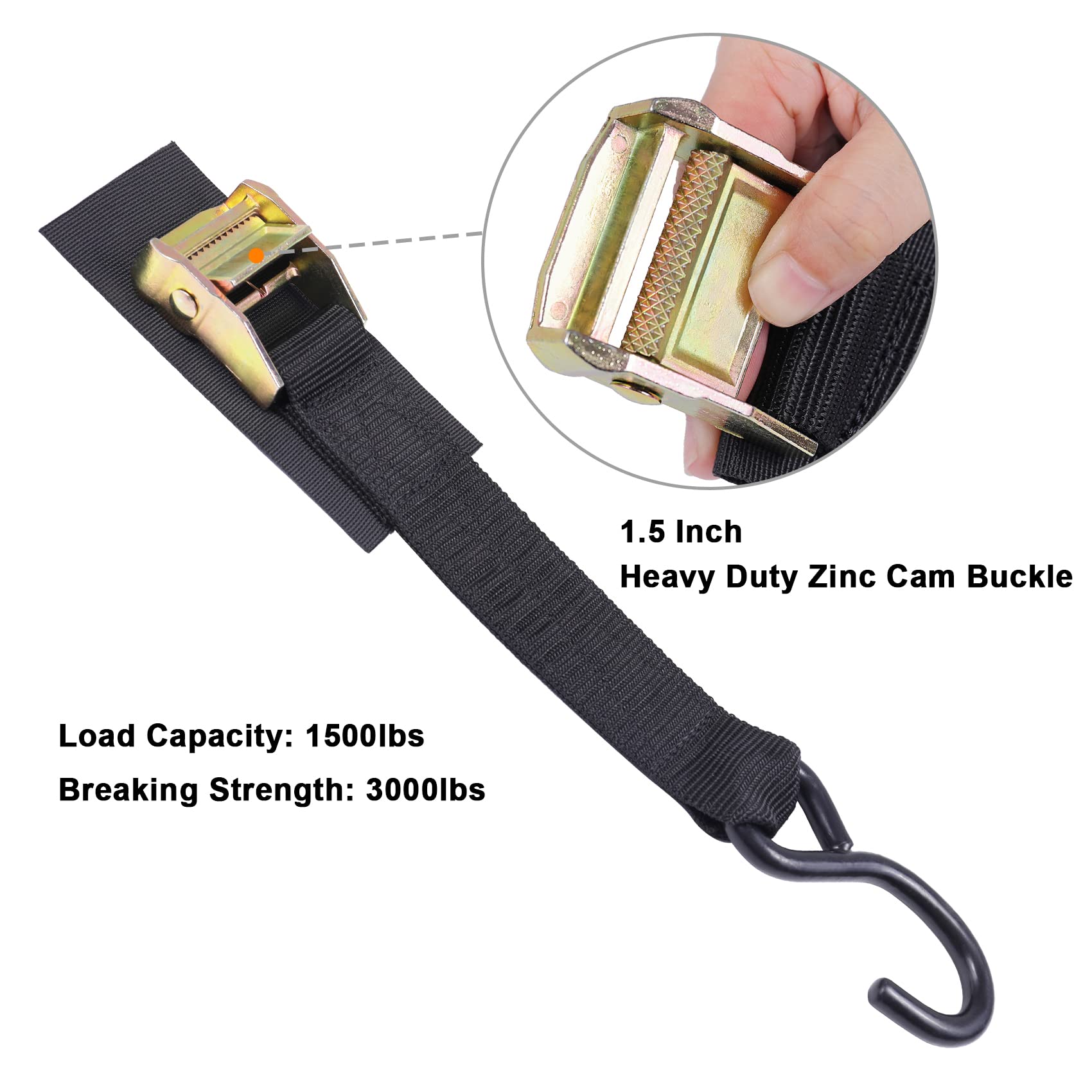 Heavy Duty 8FT Cam Buckle Tie Down Straps 3000lbs Break Strength with S Hooks - Secure Motorcycle, Kayak, ATV, Truck, Cargo & Equipment - Perfect for Transport, Towing, Moving & Outdoor Adventures