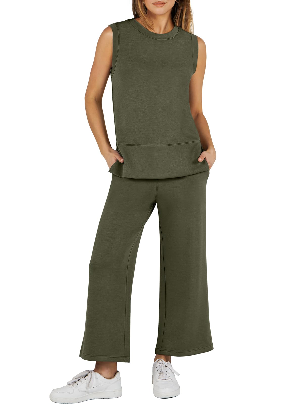 ANRABESS Women's 2 Piece Summer Outfit Set - Sleeveless Top & Wide Leg Pants Casual Lounge Sweatsuit for Yoga, Running, Travel & Home Wear