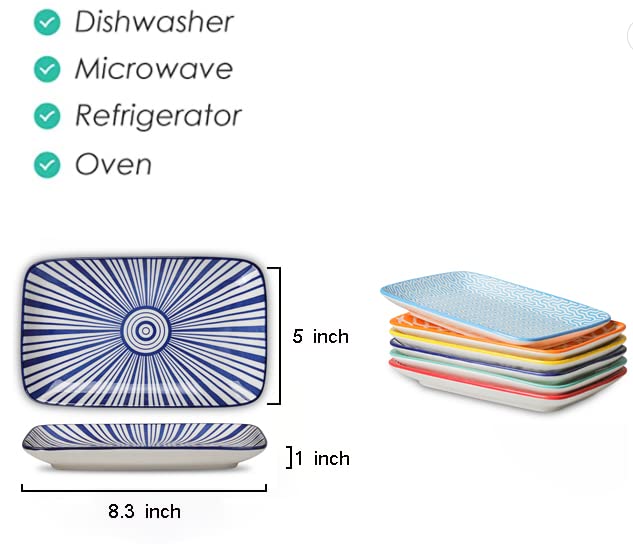 Selamica 8-Inch Rectangular Ceramic Plates - Set of 6 Colorful Dinner Plates for Salad, Pasta, Sushi, Appetizers & Desserts | Microwave, Oven & Dishwasher Safe | Perfect for Home Dining, Parties & Restaurant Use