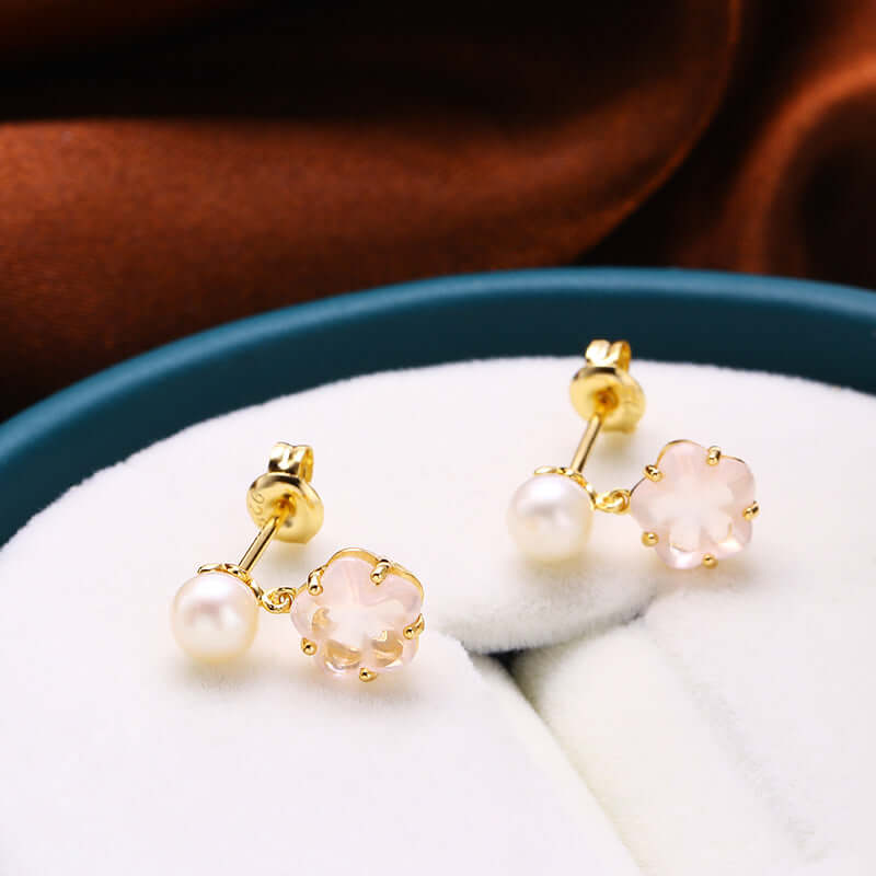 925 Sterling Silver Flower Rose Quartz Pearl Drop Earrings for Women | Elegant Dangle Jewelry Gift for Valentine's Day, Anniversary & Special Occasions | TB1459