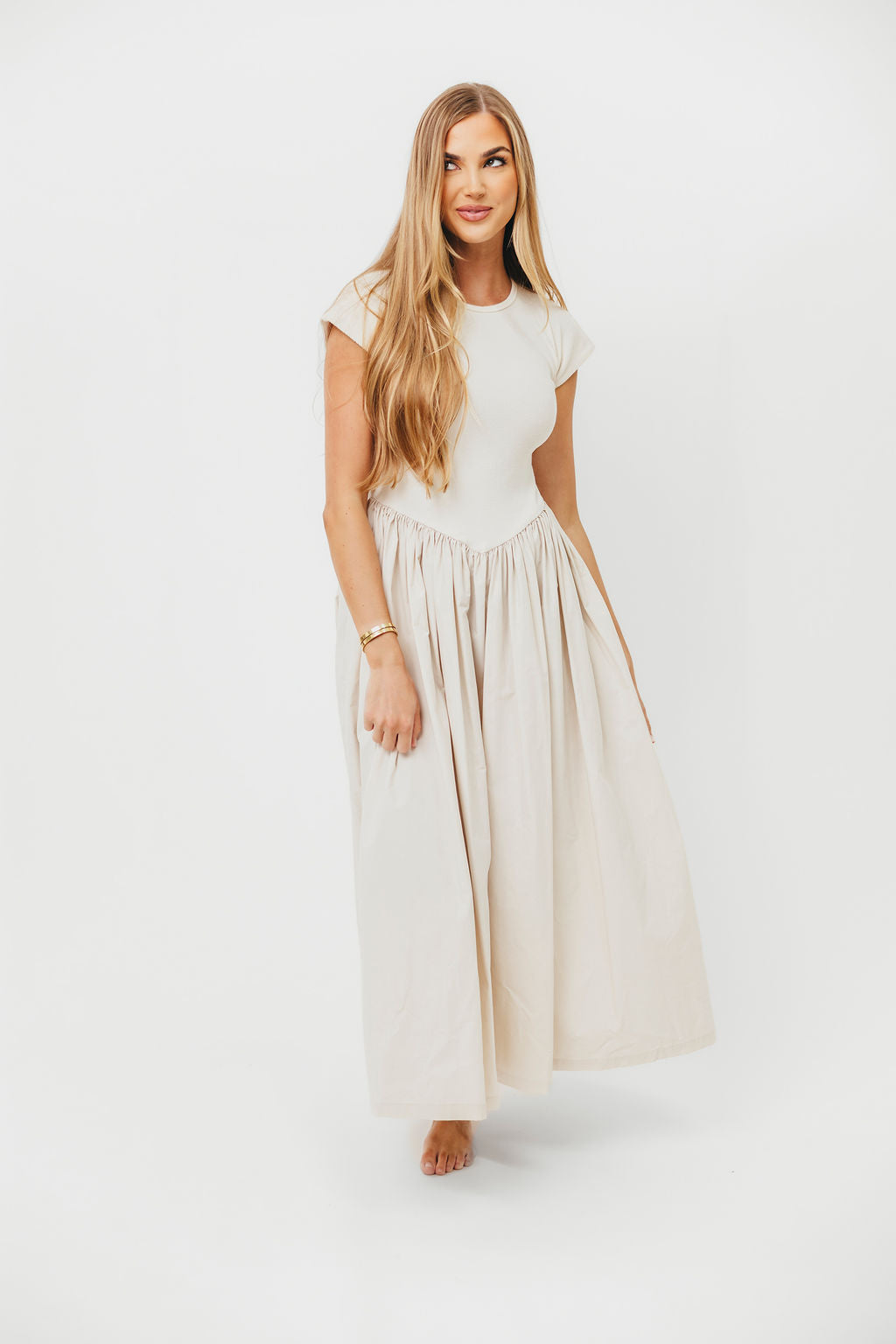 Dolores Rib and Woven Skirt Combo Dress in Cream | Elegant Women's Summer Outfit for Casual Wear, Beach Vacation & Date Night