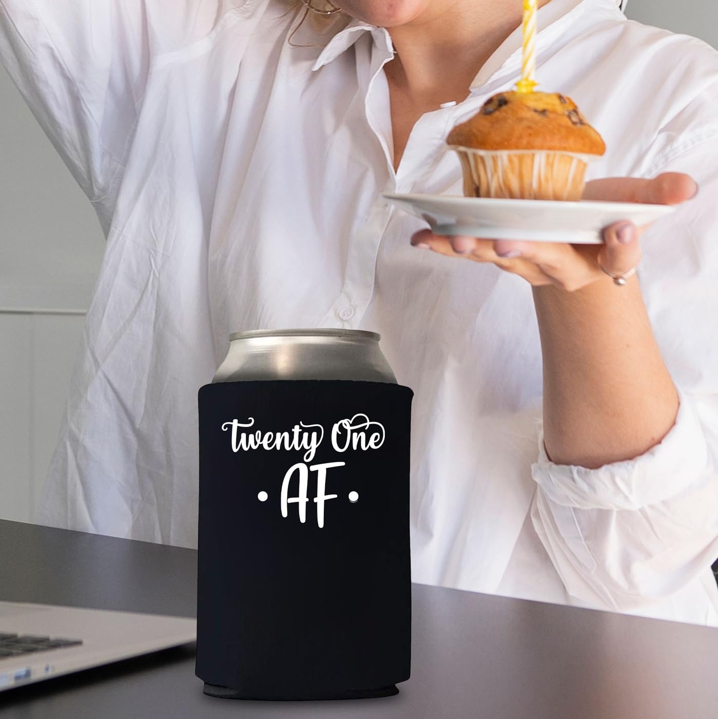 21st Birthday Party Supplies - 21 AF Can Cooler Holder, Black Koozies for Beer & Iced Coffee, 21st Birthday Decorations & Wedding Favors - Perfect for Birthday Squad Celebrations, Bachelorette Parties & Outdoor Events