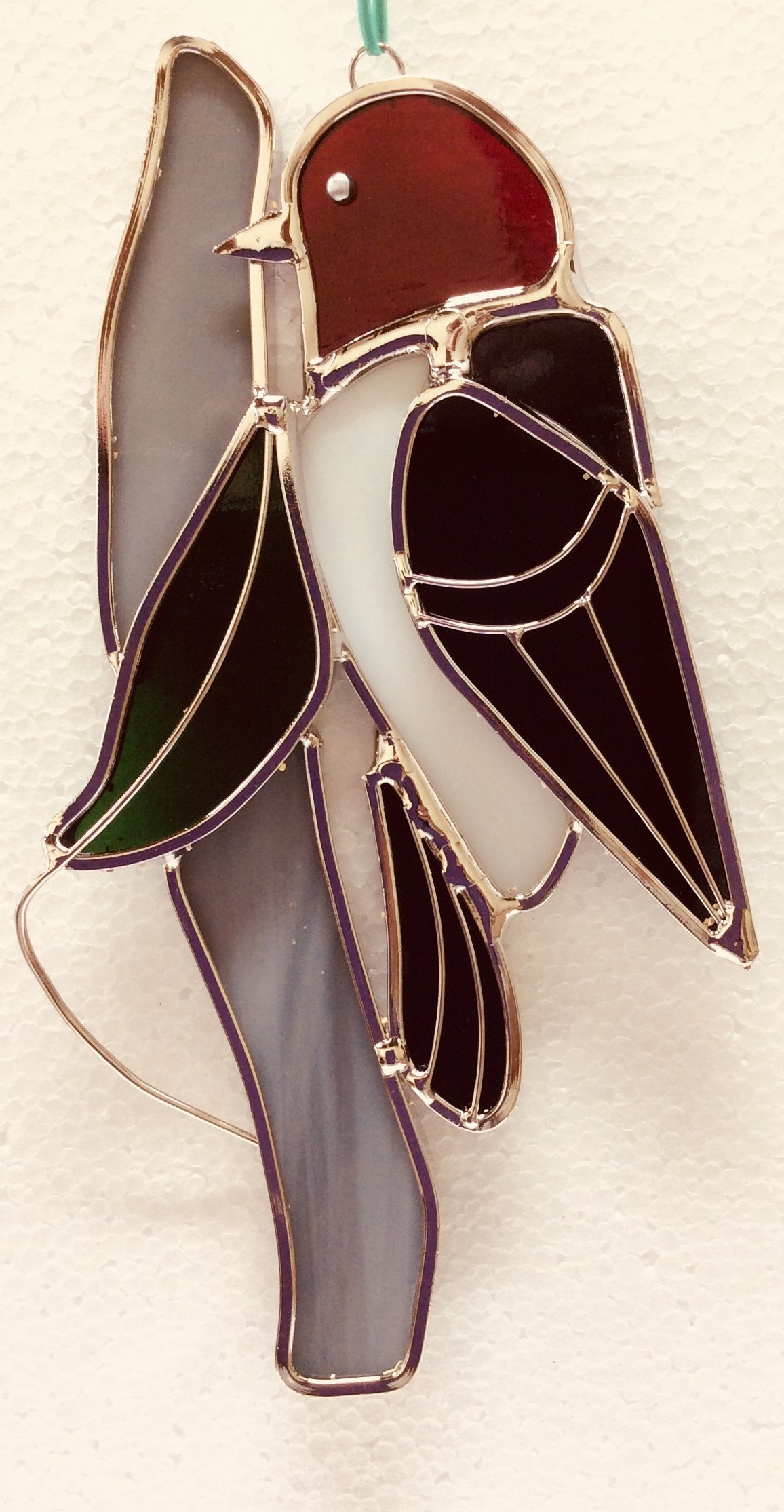Handmade Red-Headed Woodpecker Stained Glass Suncatcher - Vibrant Bird Window Decor for Home, Garden & Gifts | Perfect for Nature Lovers & Bird Watching Enthusiasts