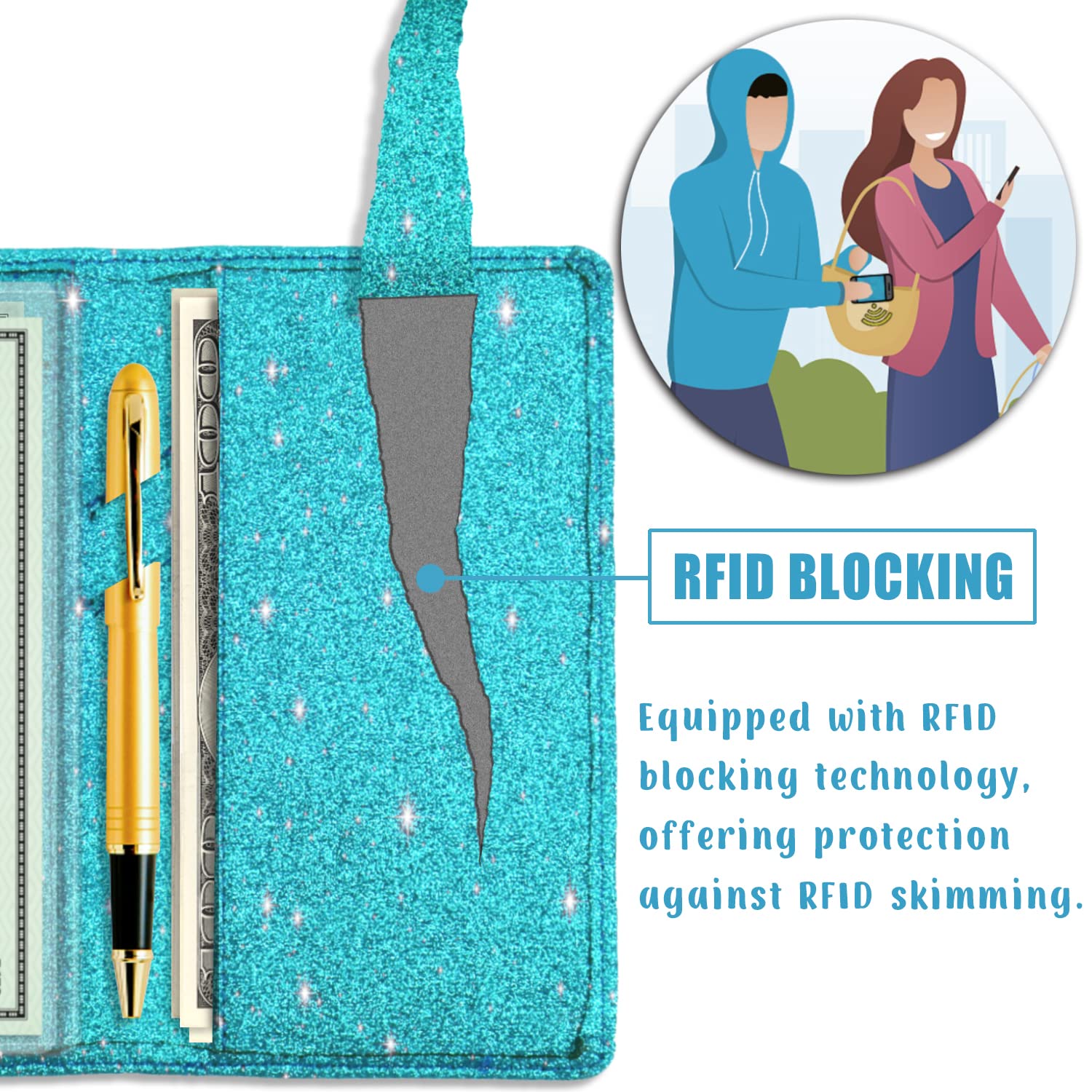 Sanlykate Glitter Checkbook Cover for Women - RFID Blocking PU Leather Checkbook Holder with Pen Loop & Free Divider - Perfect for Everyday Use, Office, and Gift Giving (Blue)
