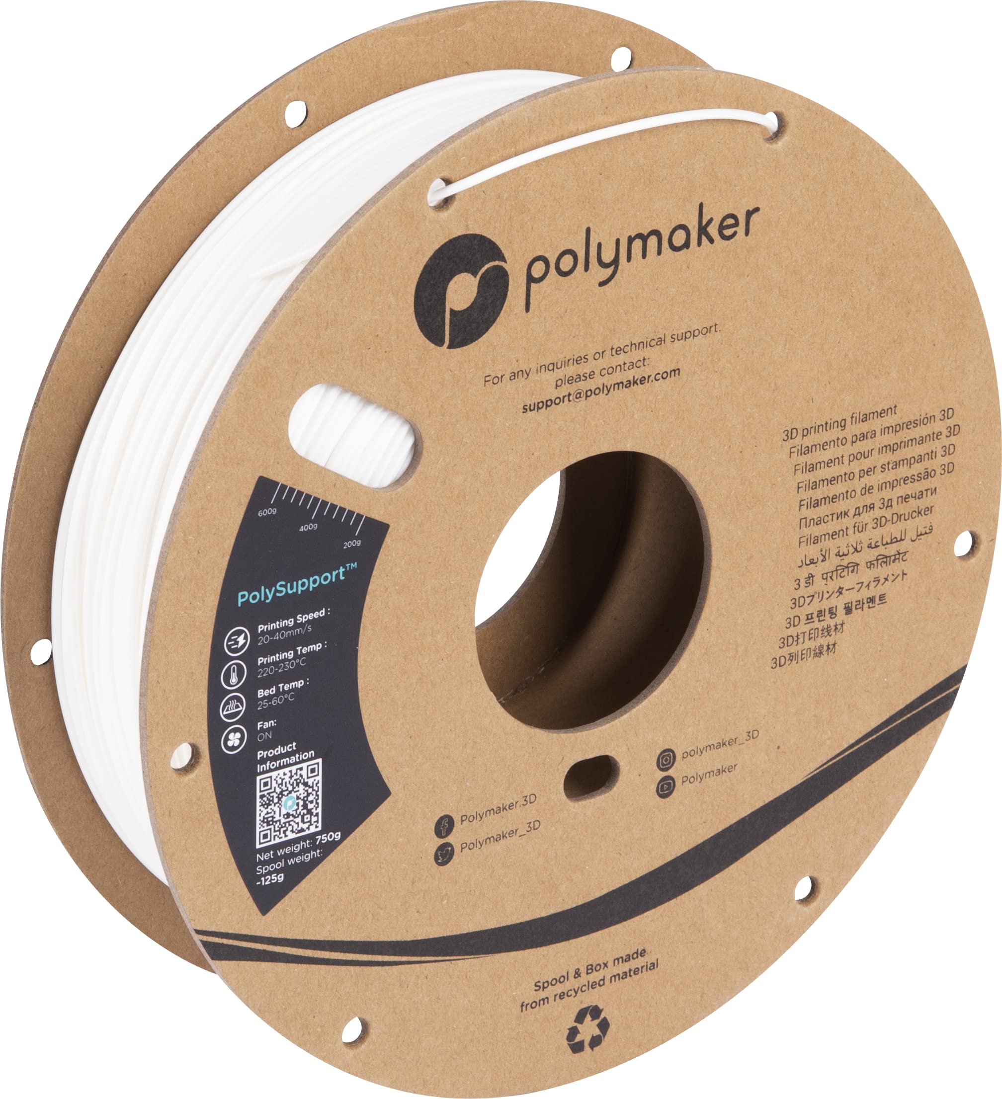 Polymaker PolySupport Break Away Support Material - 1.75mm PLA 3D Printer Filament, 750g White Spool | Easy Removal for Smooth 3D Prints | Perfect for Complex Models, Overhangs & Bridges