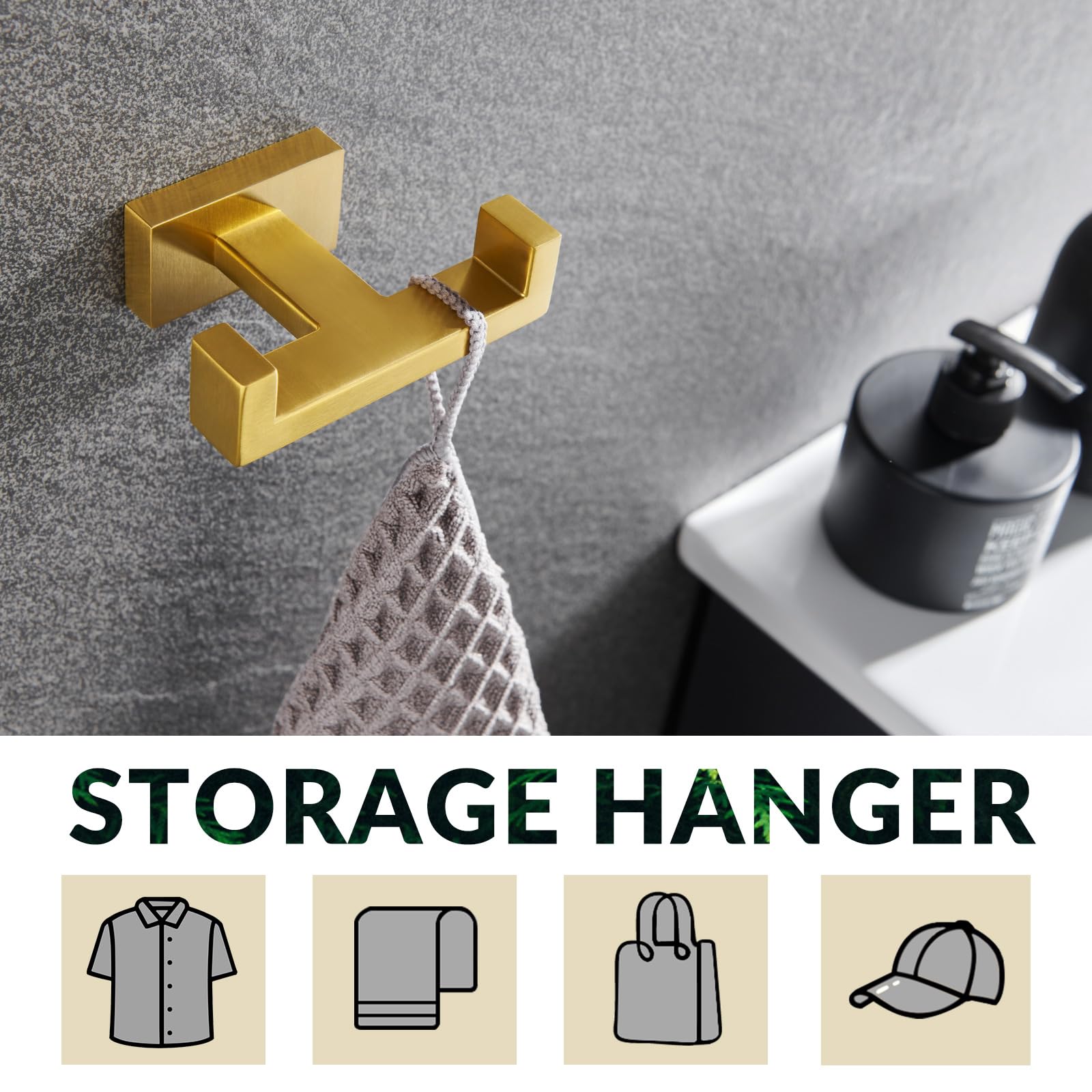 APLusee Brushed Gold Double Robe Hook - 304 Stainless Steel Bathroom Towel Holder & Wall Hanger for Kitchen, Toilet, Cabinet - Perfect for Hanging Robes, Towels and Clothes in Bathrooms & Kitchens