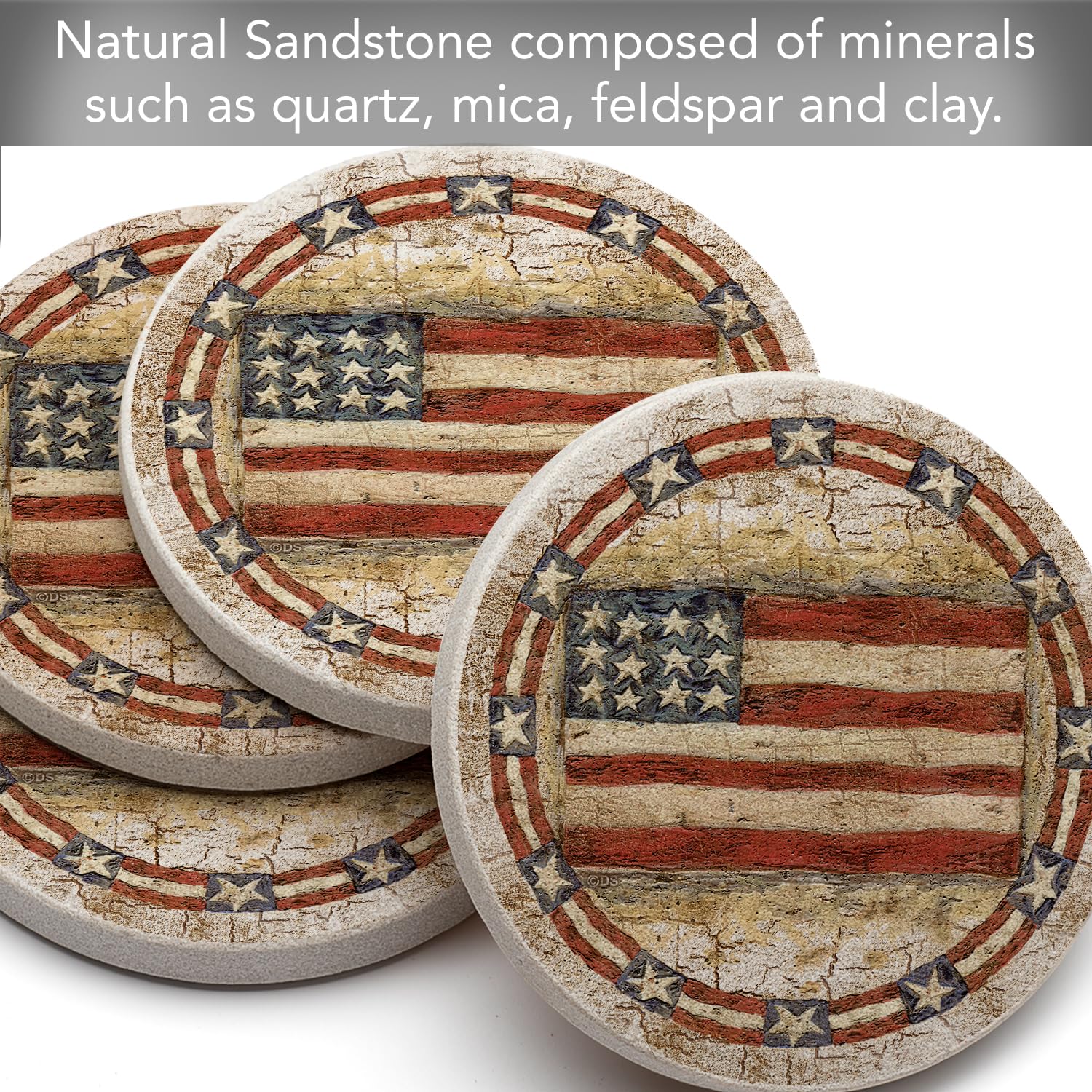 Thirstystone Americana Natural Sandstone Coaster Set of 4 - Eco-Friendly, Absorbent, Quick-Dry Drink Coasters for Beer, Wine, and Cocktails - Perfect for Home Bars, Parties, and Outdoor Entertaining
