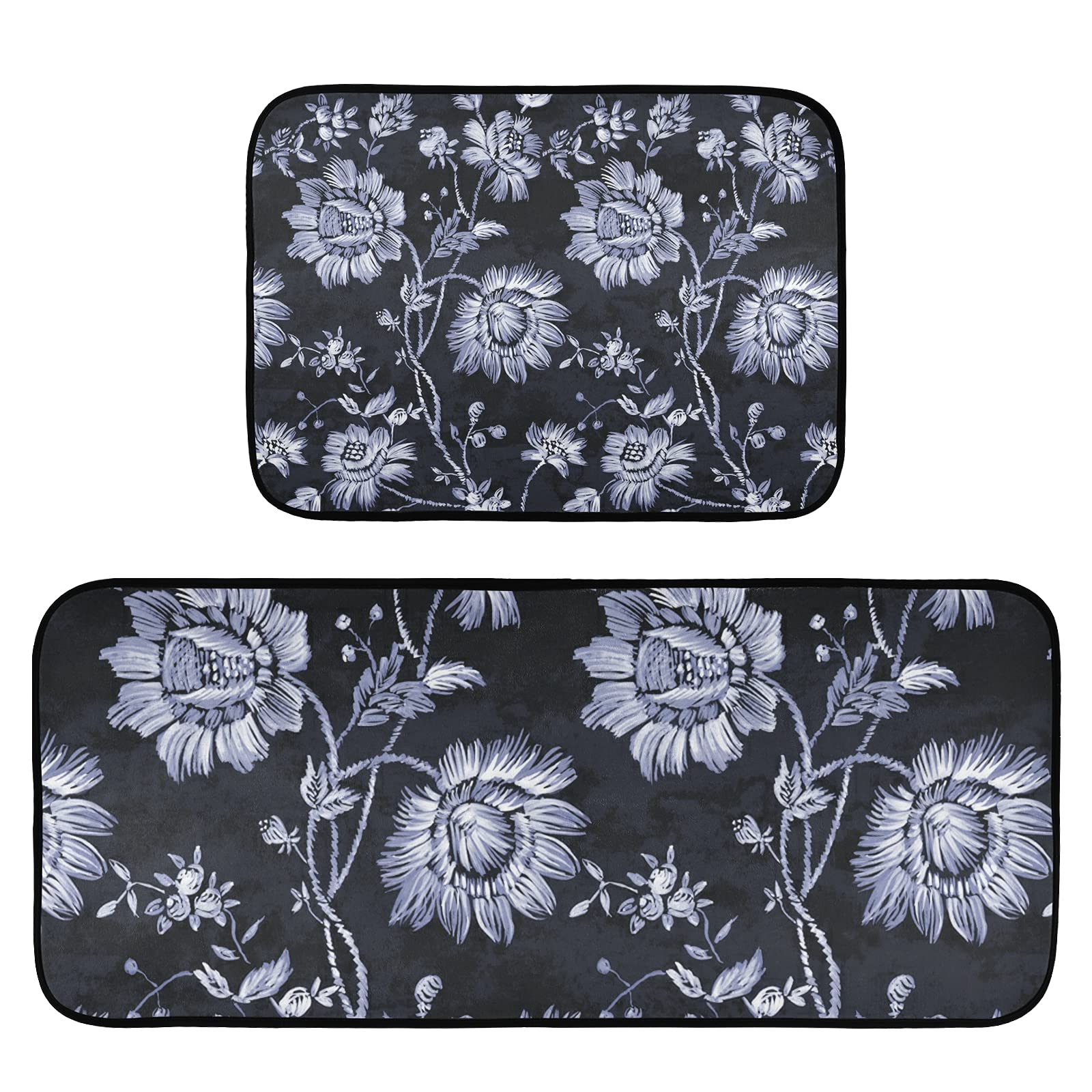 Bohemian Flora Anti-Fatigue Kitchen Mat Set of 2 - Non-Slip Waterproof Sink Rugs for Home Decor, Comfortable Standing Mats for Kitchen, Bathroom, and Laundry Areas