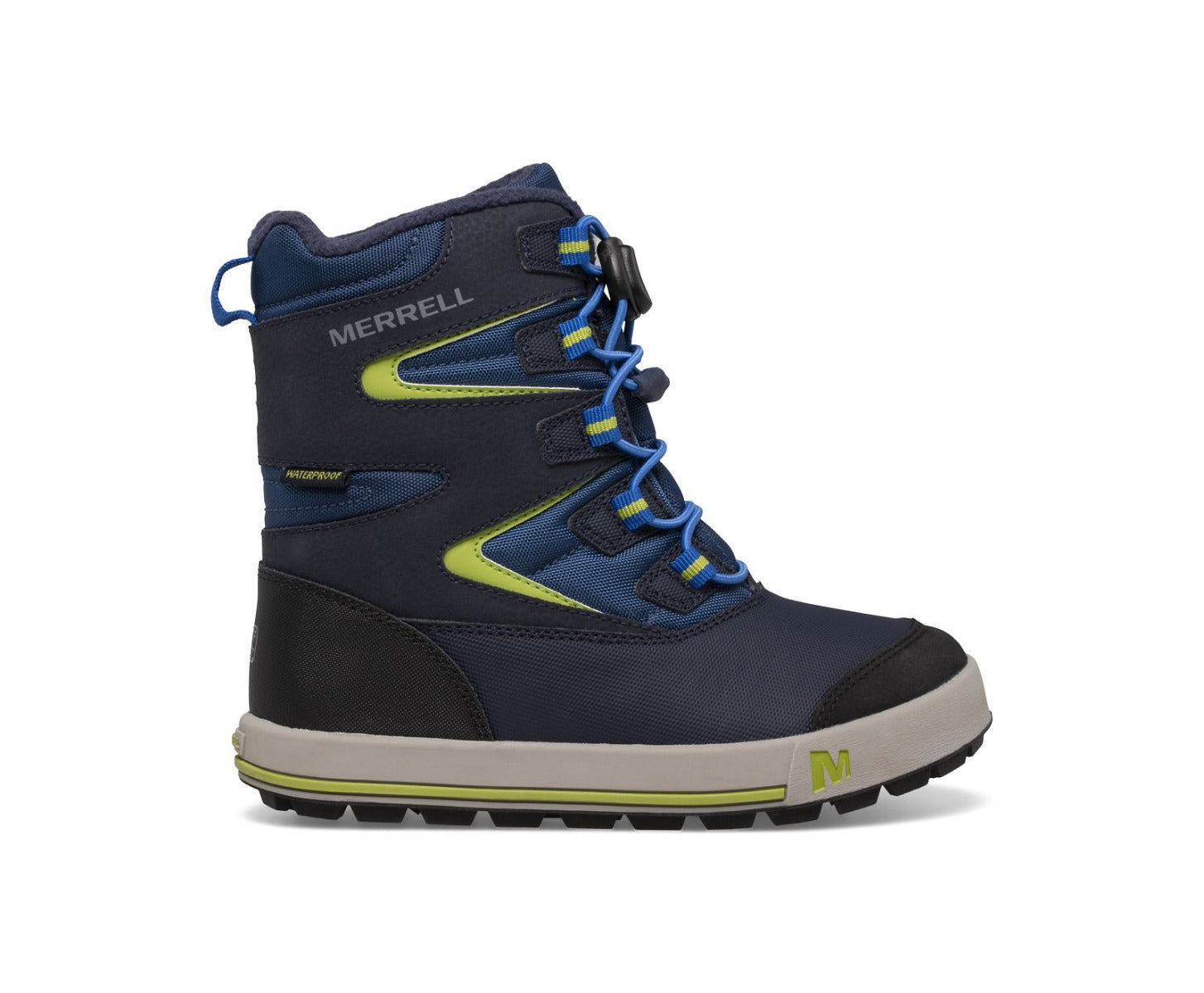 Merrell Snow Bank Kids Snow Boots - Navy/Citron - Waterproof Winter Boots for Boys & Girls - UK Size 10 - Perfect for Snow Play, Sledding & Cold Weather Adventures