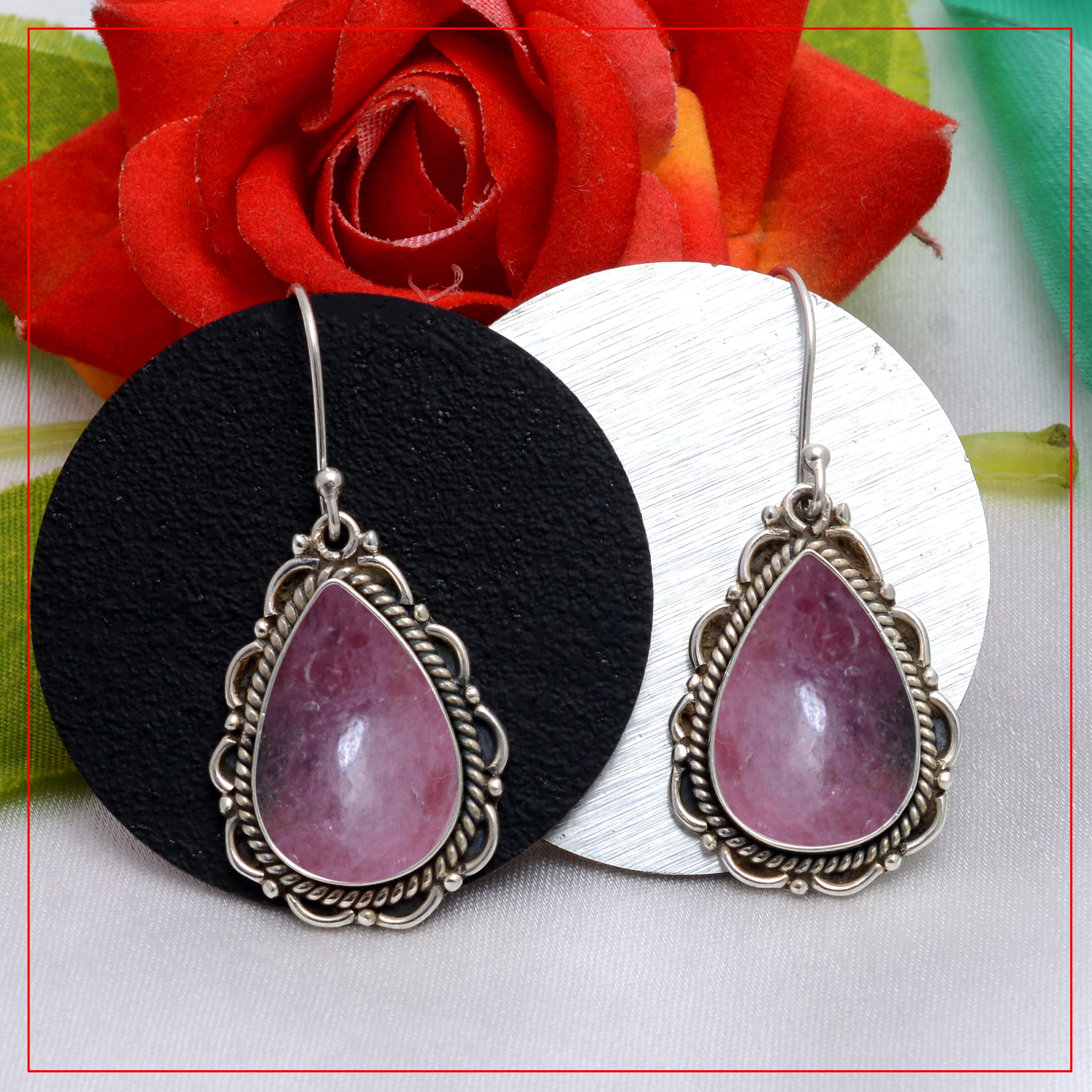 Veracity Jewelry Rhodonite Earrings for Women - 925 Sterling Silver Dangle Earrings with Pink Red Gemstone - Handmade Rose Quartz Jewelry - Perfect for Valentine's Day Gifts, Anniversary Presents & Everyday Wear (VSE-167)