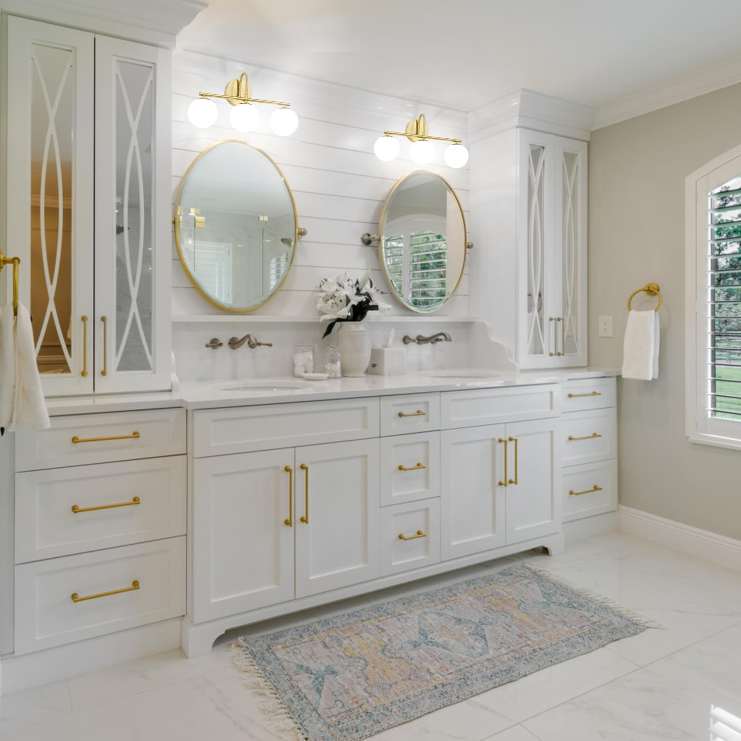 Modern Gold Bathroom Vanity Lights - 3-Light Brushed Gold Wall Sconces with Globe Glass Shade for Mirror Lighting | Waterproof Bathroom Fixtures for Home & Hotel Decor
