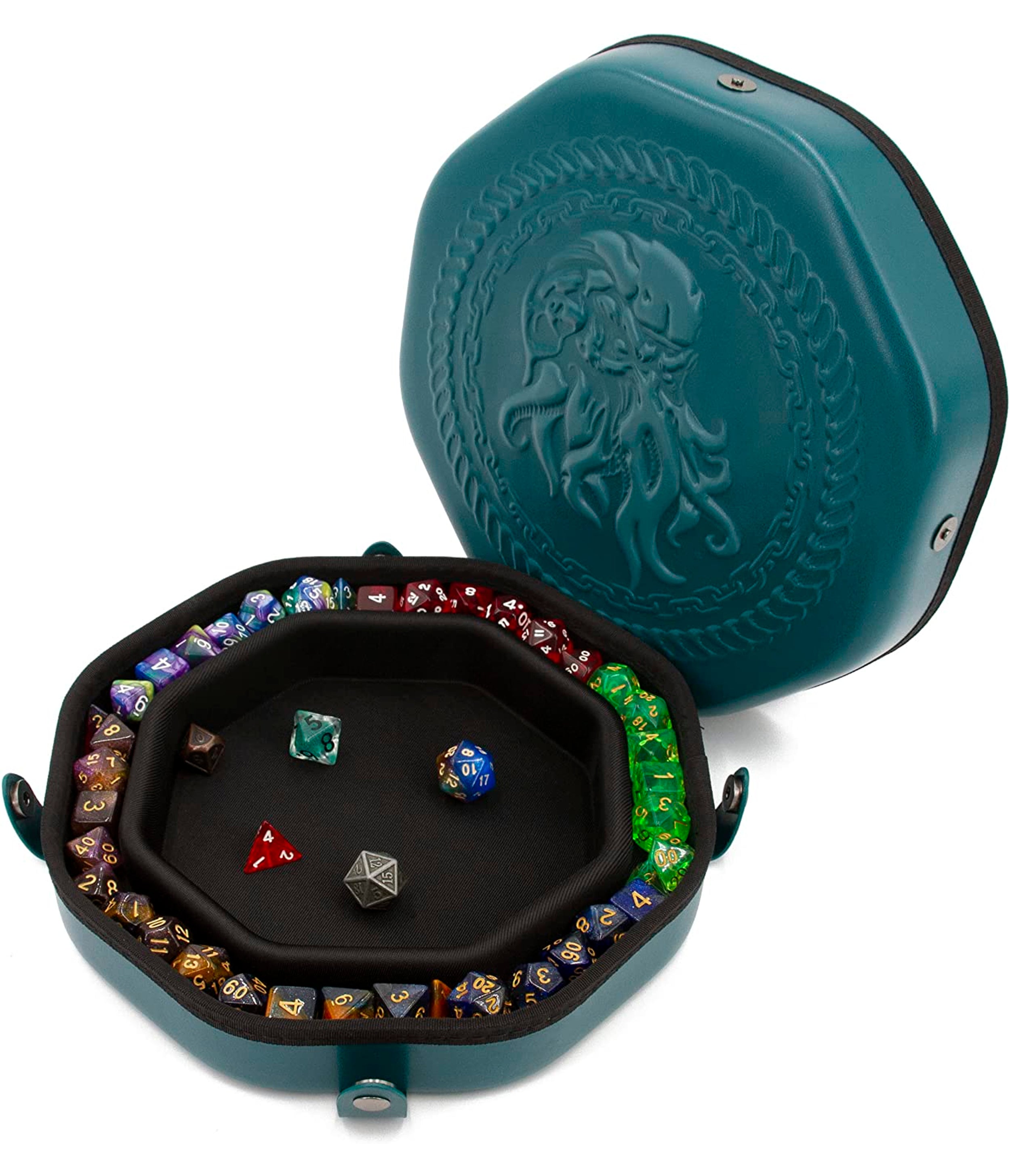 CASEMATIX Dice Tray and Storage Case for 115 RPG Dice - Magnetic Snaps, Embossed Monster Design - Perfect for Dungeons & Dragons, Pathfinder, and Tabletop Gaming Sessions