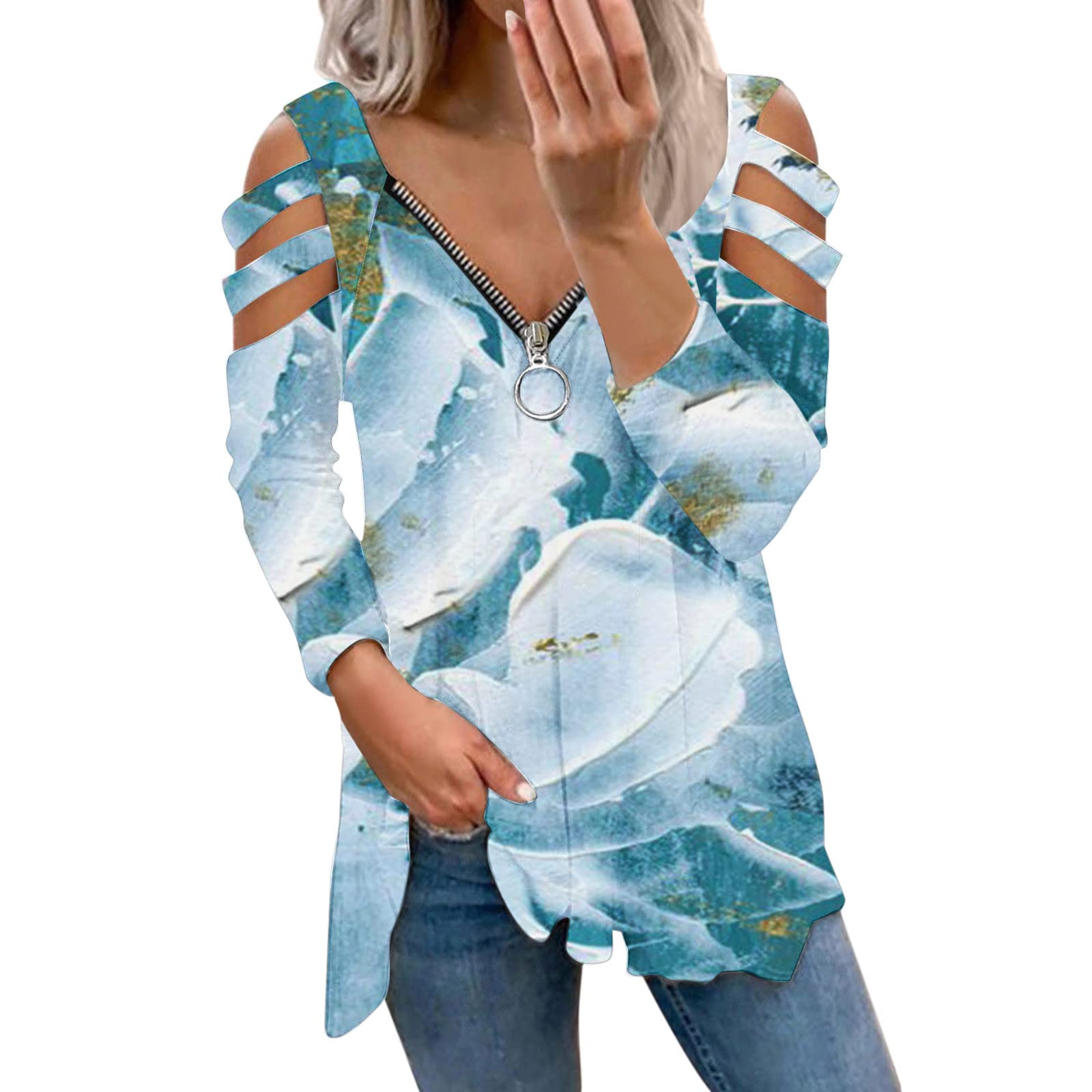 Sexy Off Shoulder V Neck Hollow Out T-Shirts for Women - Long Sleeve Tie Dye Floral Swing Tops | Casual Wear, Date Night, Summer Outfits, Beach Cover Up