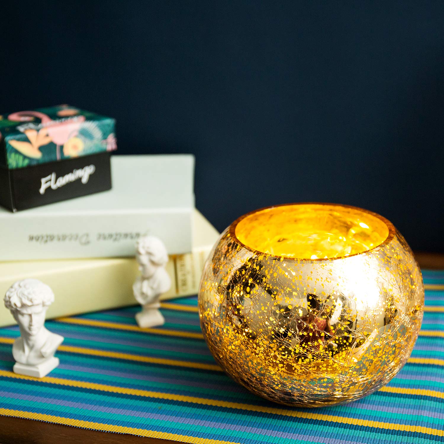 Diamond Star Votive Candle Holders - Mercury Glass Tealight Holders with Ice Cracked Glass Bowl - Elegant Gold Candle Holders for Wedding Centerpieces, Home Decor & Romantic Dinner Tables