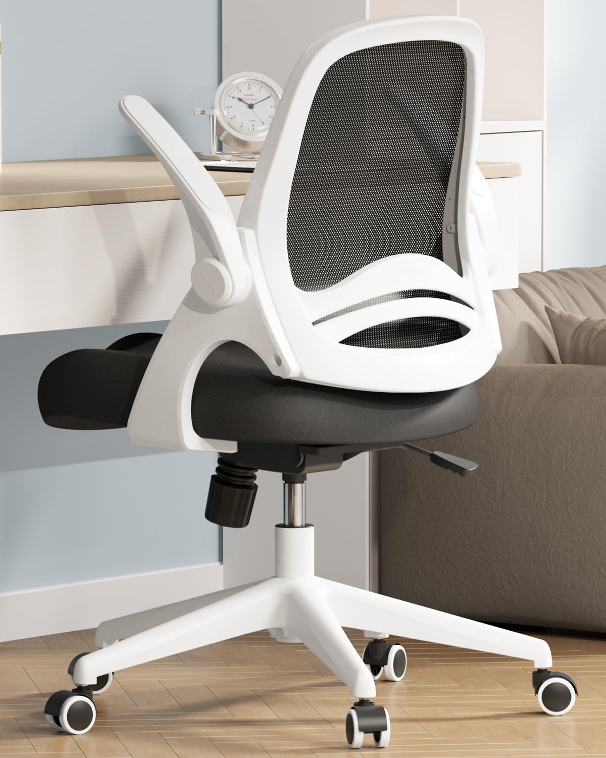 Hbada Ergonomic Office Chair with Flip-Up Armrests & S-Shaped Backrest - Adjustable Swivel Mesh Desk Chair with Saddle Cushion, White - Perfect for Home Office, Gaming & Workspace Comfort