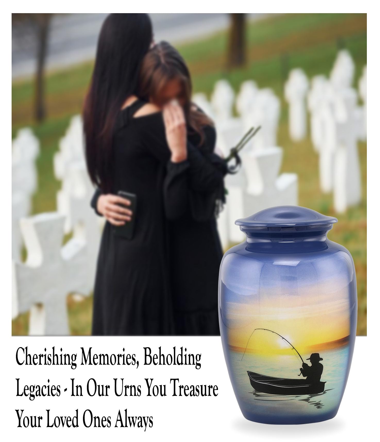 Hand-Painted Fishing Cremation Urn for Ashes - Memorial Urn for Fishermen - Large Handmade Funeral Urn with Velvet Bag - Perfect for Home Memorials, Cemetery Burials & Ash Storage - Ideal Gift for Fishing Enthusiasts