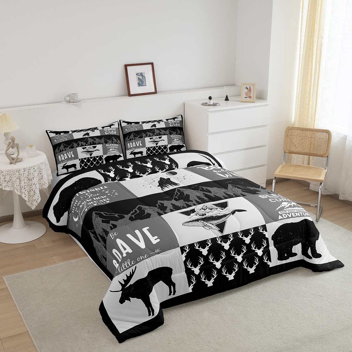 Deer Antlers Silhouette Comforter Set Twin - 2 Piece Camping Adventure Bedding for Kids, Teens & Adults - Wild Animal Rustic Quilt with Lattice Black Grey Duvet & Pillowcase - Perfect for Cabin, Lodge & Outdoor Themed Bedrooms