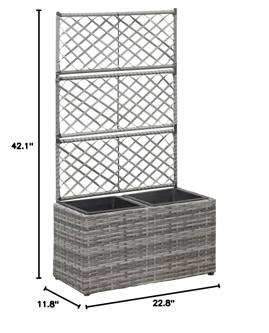 CHARMMA Trellis Raised Garden Bed with 2 Plant Pots - 22.8x11.8x42.1 Inches Poly Rattan Planter Box in Gray - Perfect for Indoor/Outdoor Vertical Gardening, Balcony Decor & Small Space Planting