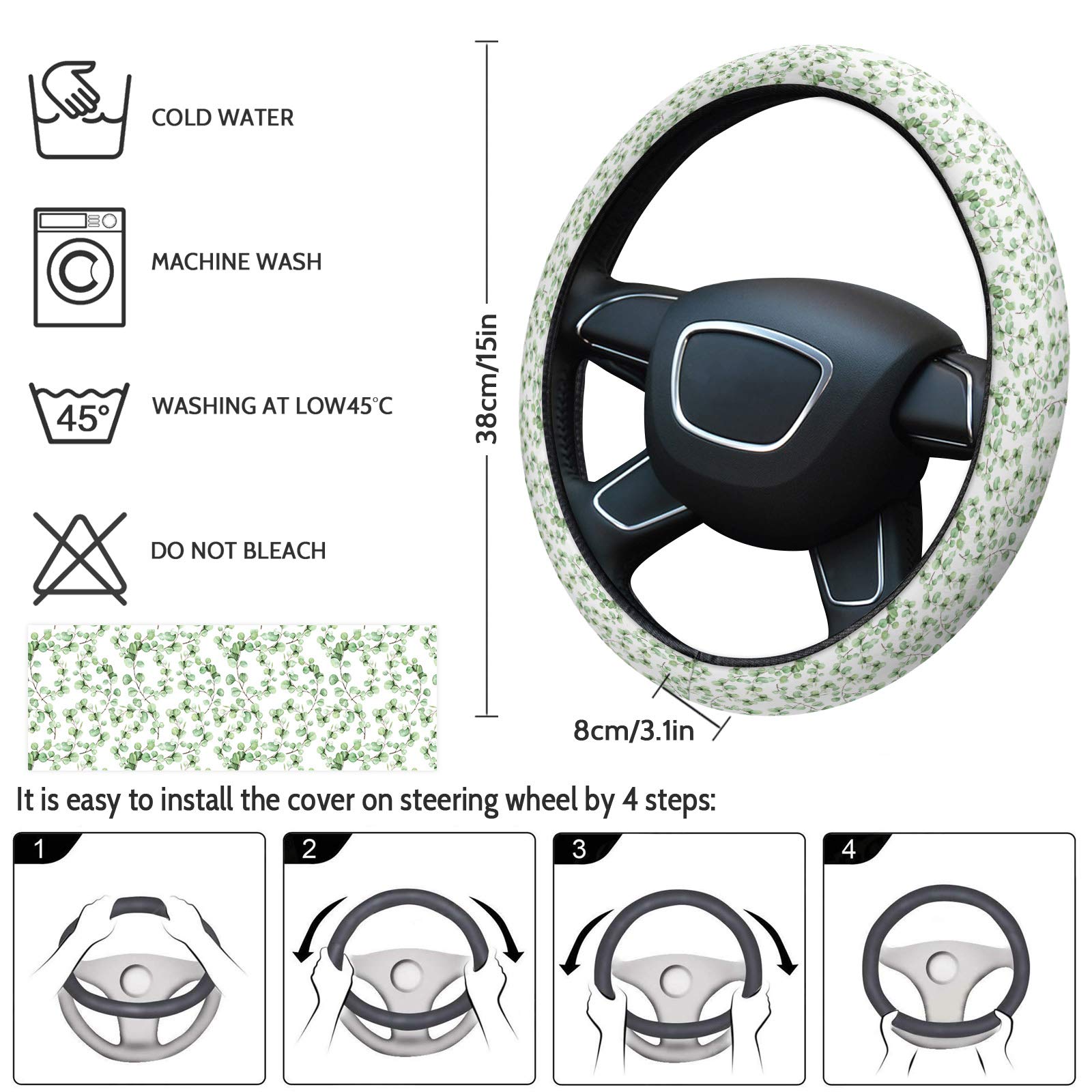 Universal 15-inch Anti-Slip Steering Wheel Cover for Cars, Trucks & SUVs - Elegant Leaf Design with Green Plant Pattern, Washable Wheel Protector for Women & Men | Perfect for Daily Commute & Road Trips