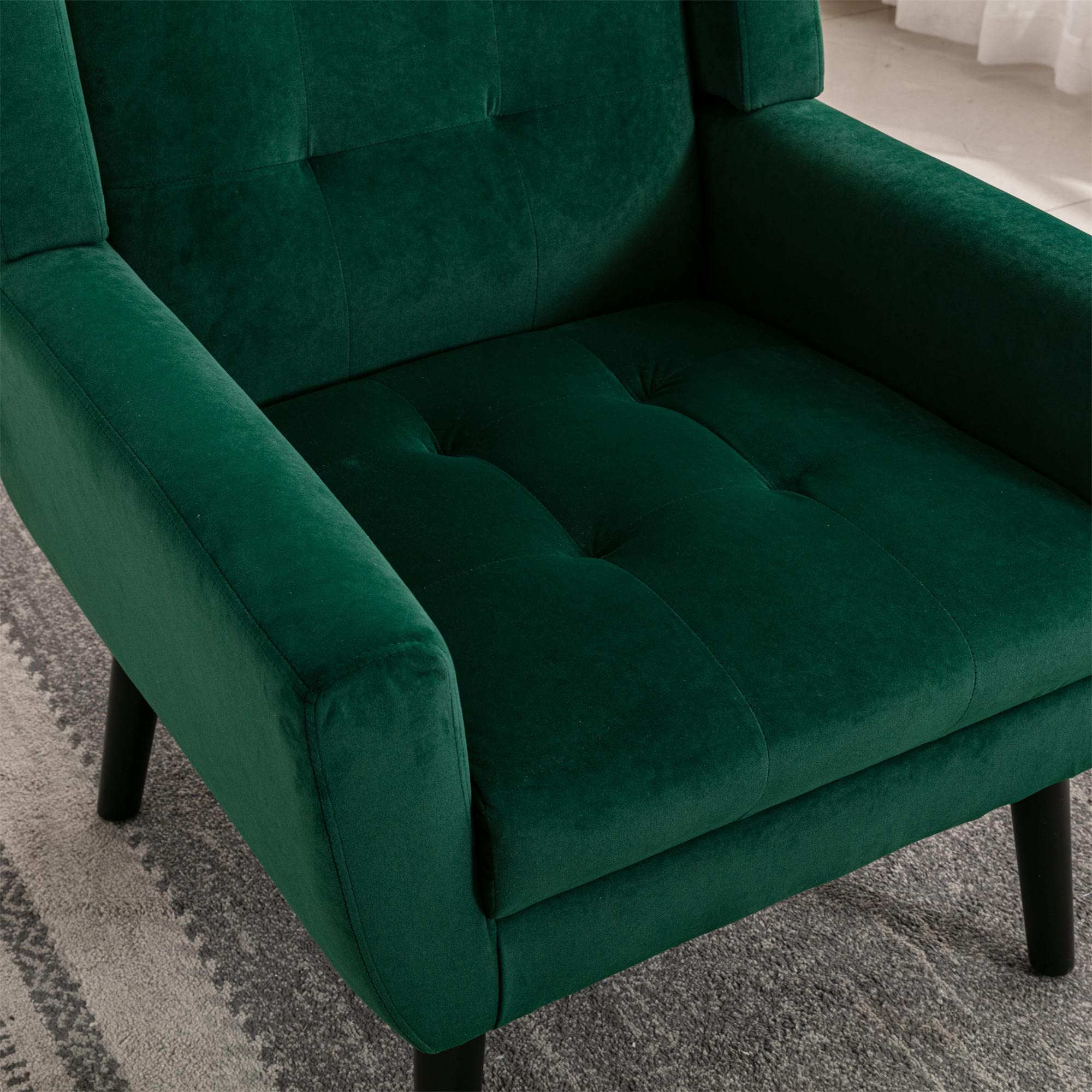 Modern Upholstered Button Tufted Accent Chair with Black Legs - Linen Fabric Armchair for Living Room & Bedroom - Ergonomic Retro Green Sofa Chair for Home Decor, Reading Nook, or Cozy Corner